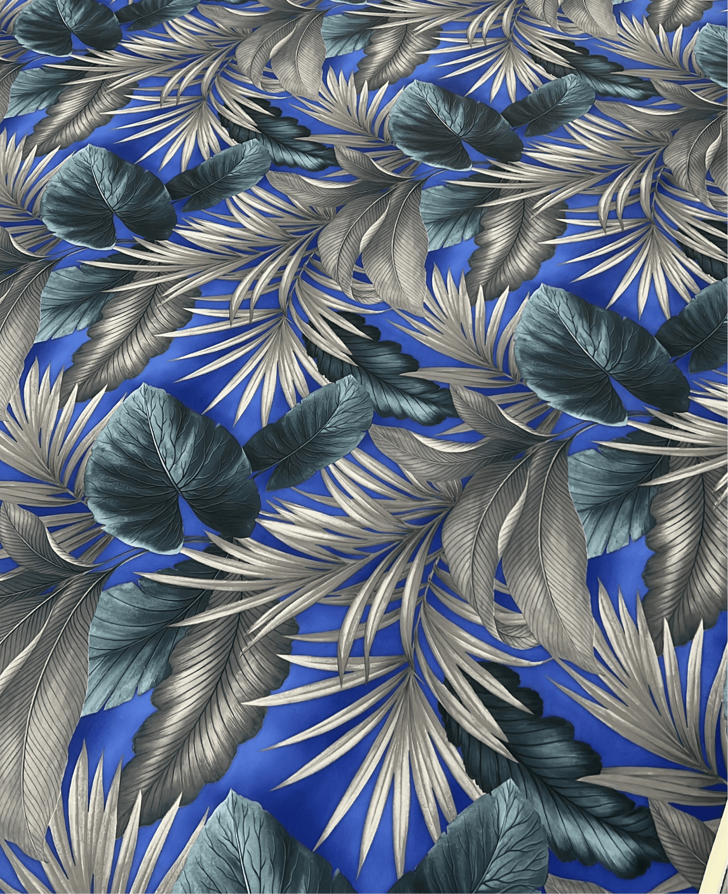 Blue Grey Leaf Printed Plain Scuba Stretch Fabric - T9 Fabrics