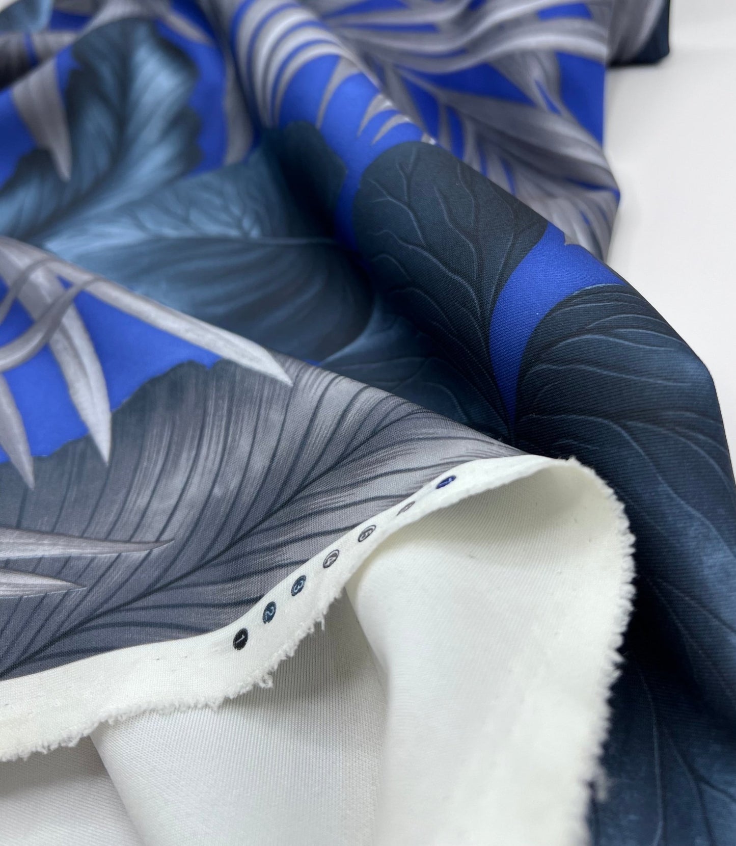 Blue Grey Leaf Printed Plain Scuba Stretch Fabric - T9 Fabrics