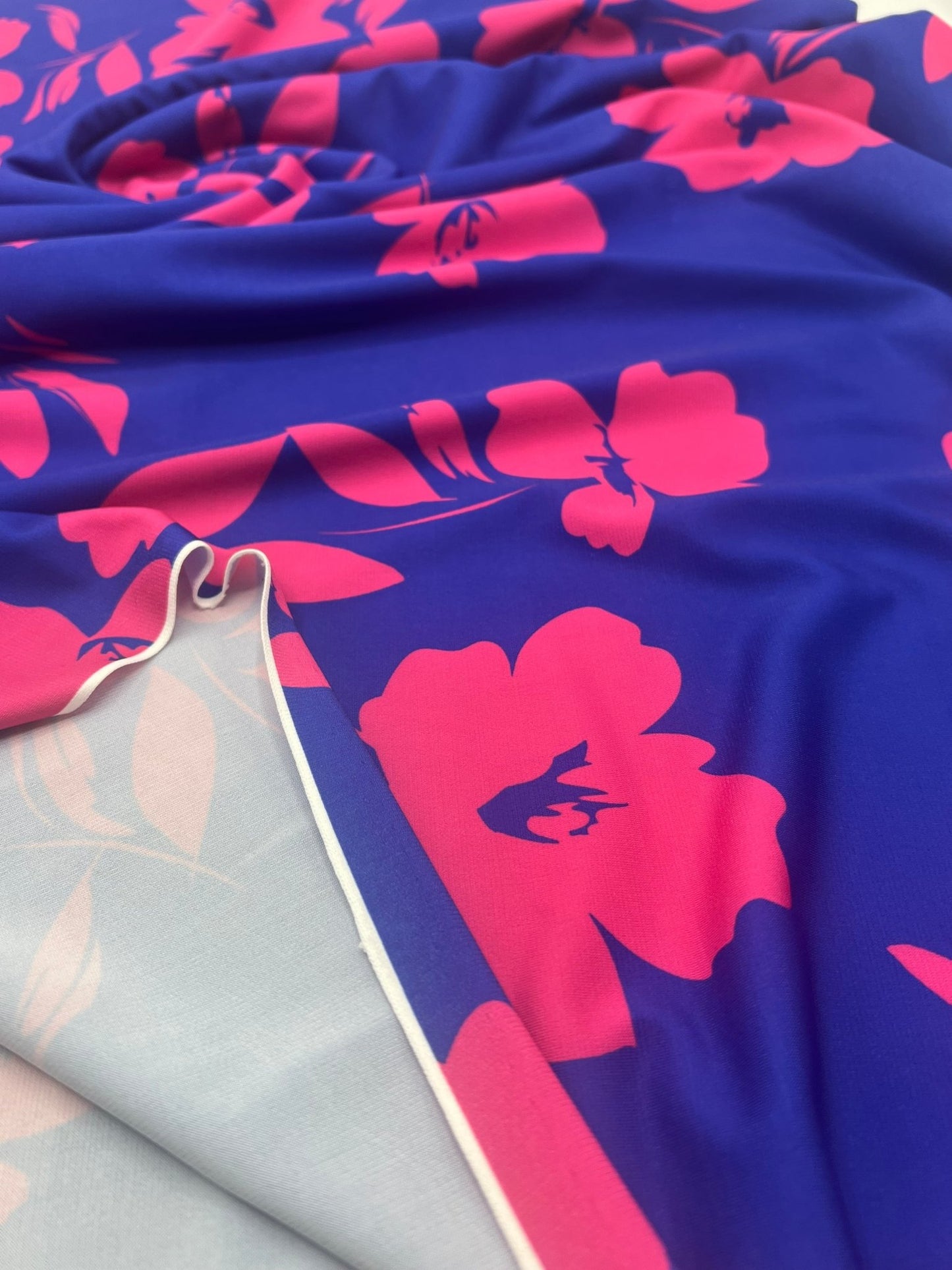 Blue Hot Pink Floral Print ITY Fabric 4 Way Stretch - T9 Fabrics