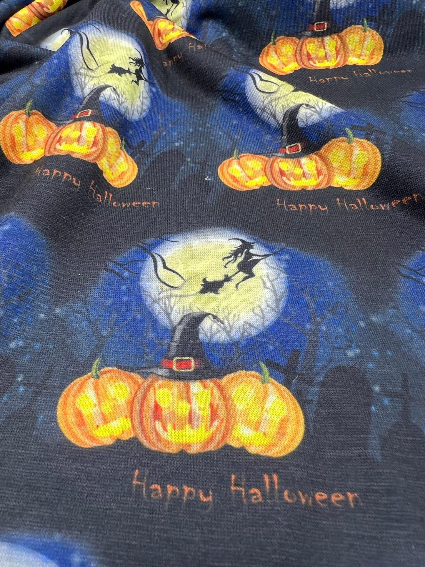 Blue Pumpkin Witch Print Spun Poly Stretch Fabric - T9 Fabrics