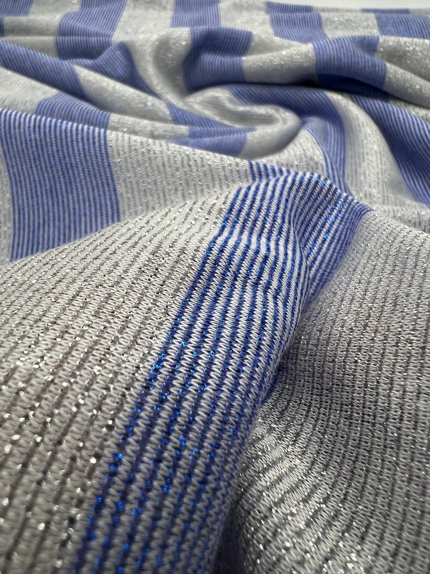 Blue Silver Metallic Stripe Knitted 2 Way Stretch Fabric - T9 Fabrics