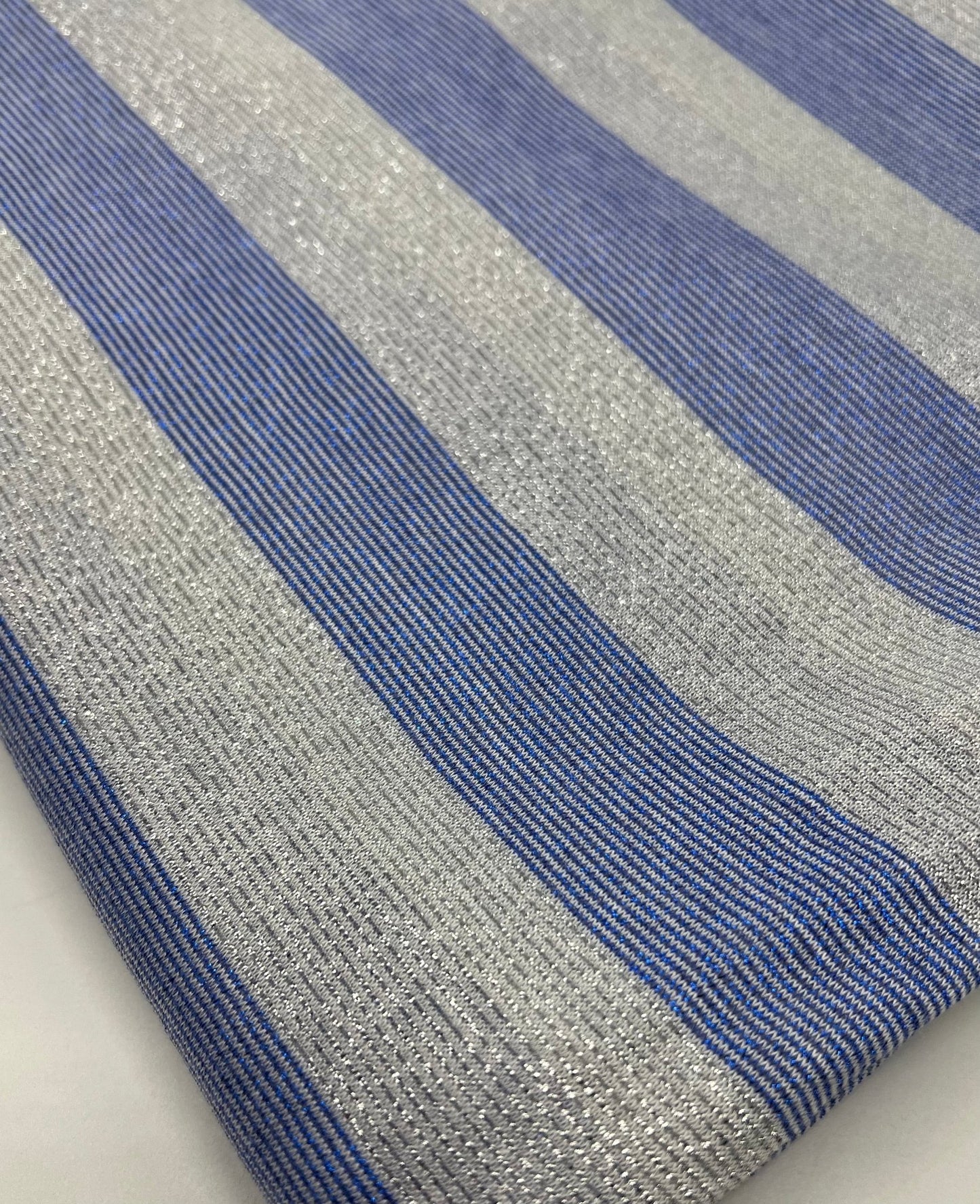 Blue Silver Metallic Stripe Knitted 2 Way Stretch Fabric - T9 Fabrics