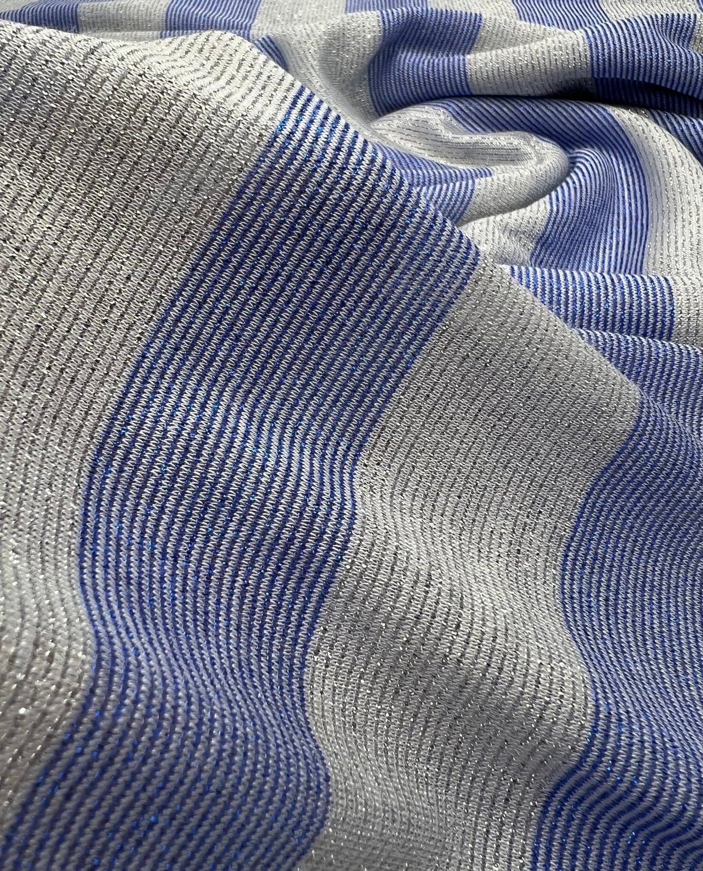 Blue Silver Metallic Stripe Knitted 2 Way Stretch Fabric - T9 Fabrics