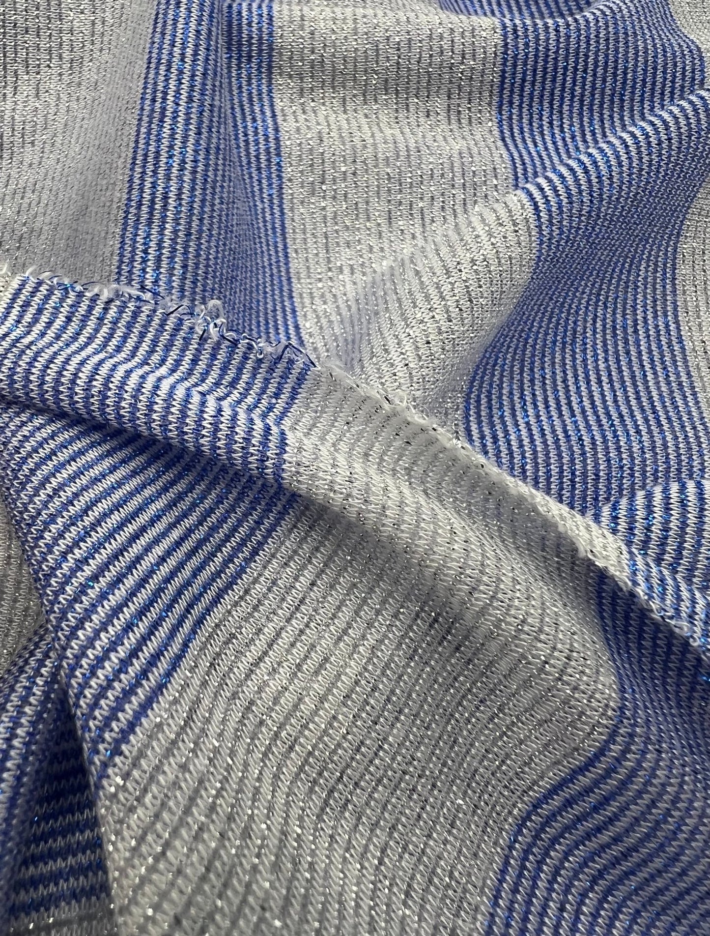 Blue Silver Metallic Stripe Knitted 2 Way Stretch Fabric - T9 Fabrics