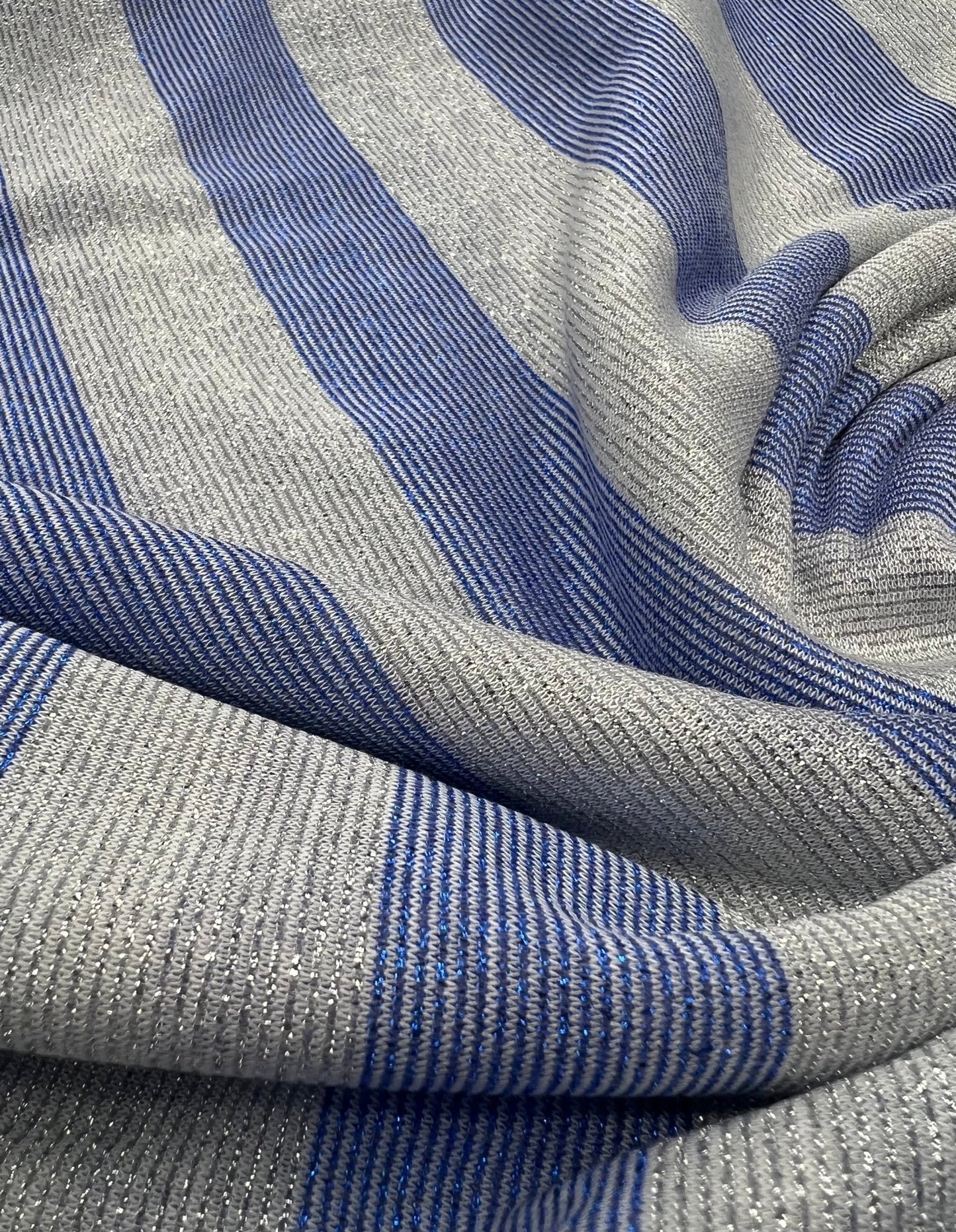 Blue Silver Metallic Stripe Knitted 2 Way Stretch Fabric - T9 Fabrics