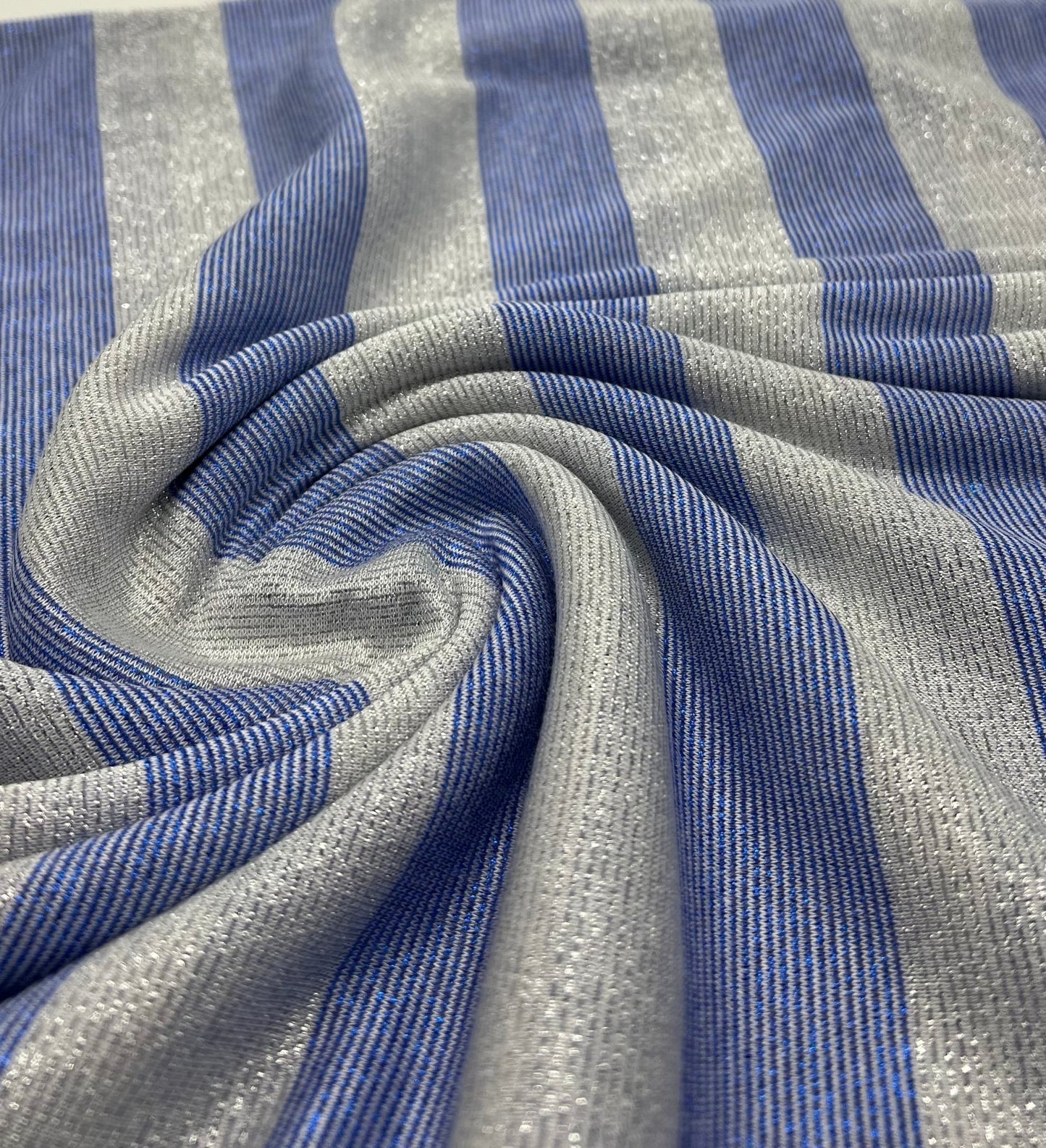 Blue Silver Metallic Stripe Knitted 2 Way Stretch Fabric - T9 Fabrics