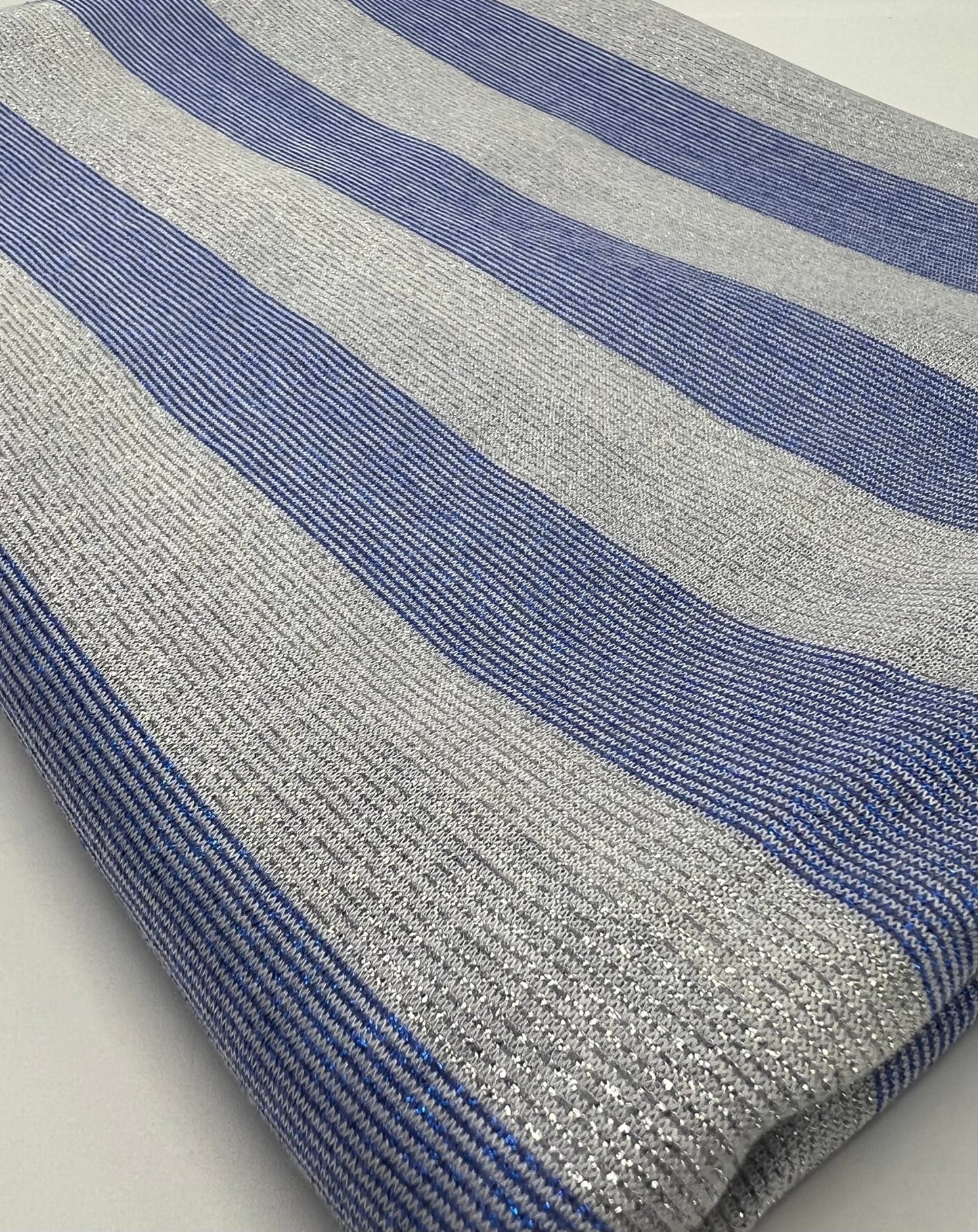 Blue Silver Metallic Stripe Knitted 2 Way Stretch Fabric - T9 Fabrics