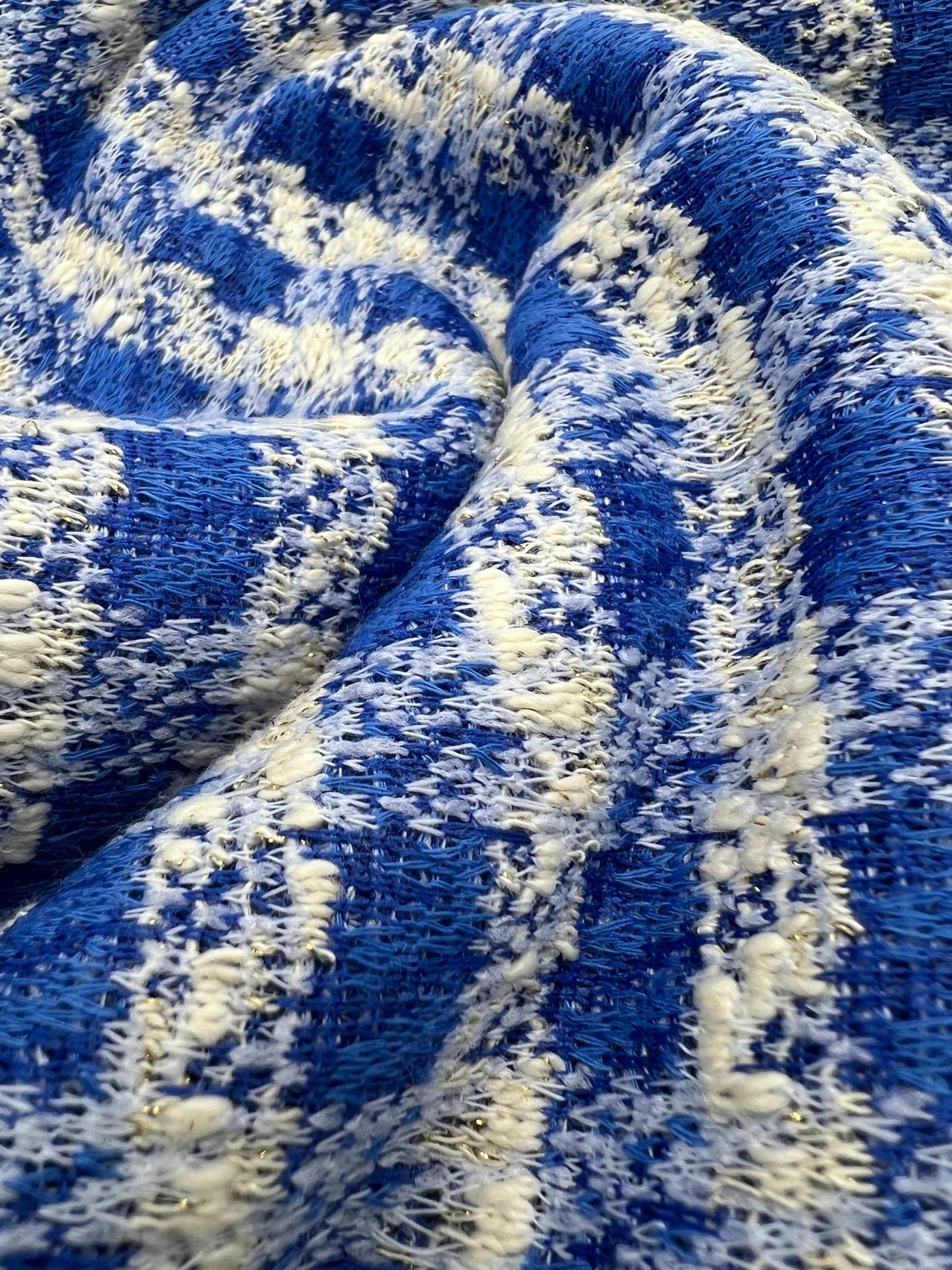 Blue White Gingham Gold Speckles Jacquard Stretch Fabric - T9 Fabrics