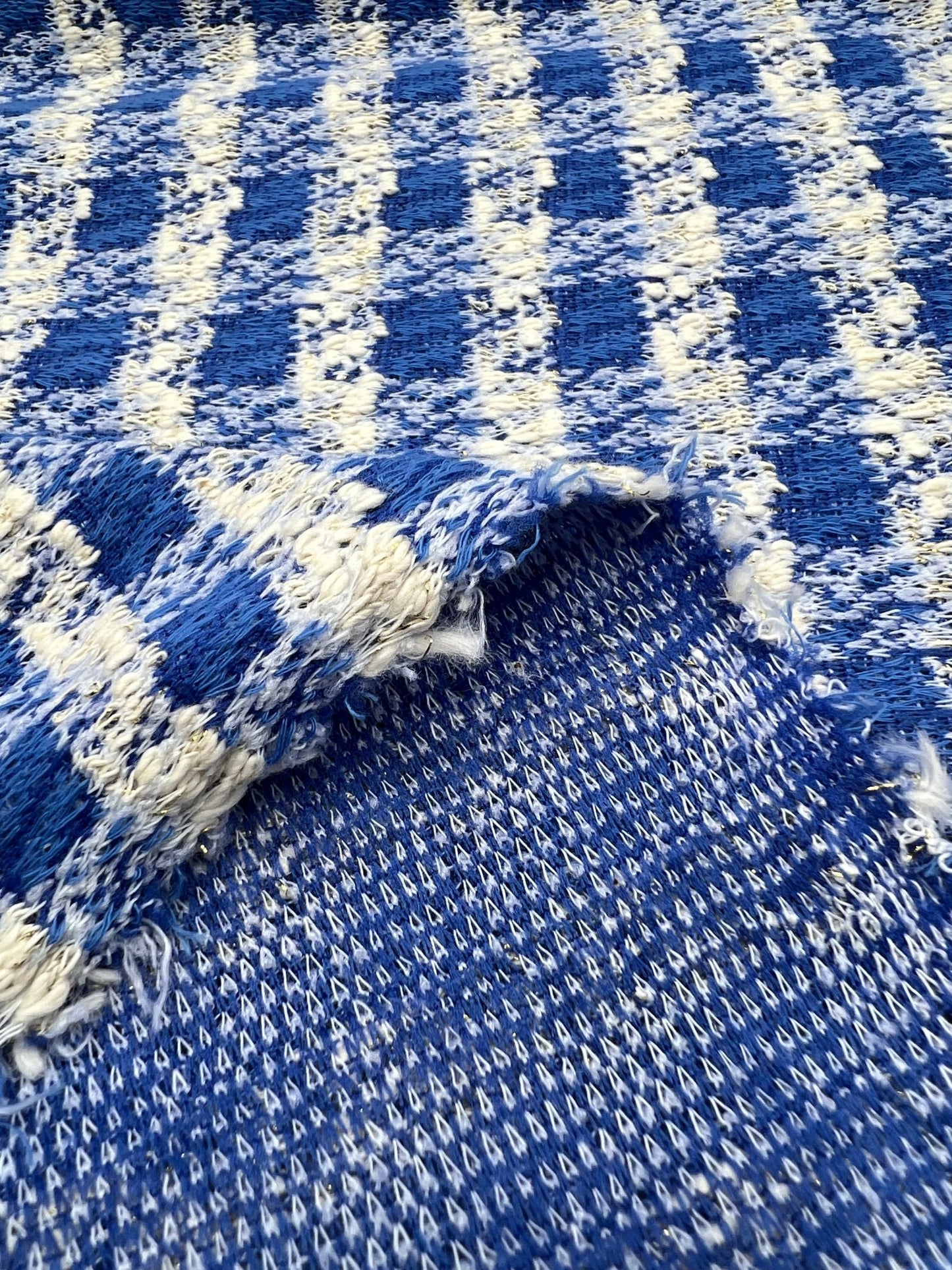 Blue White Gingham Gold Speckles Jacquard Stretch Fabric - T9 Fabrics