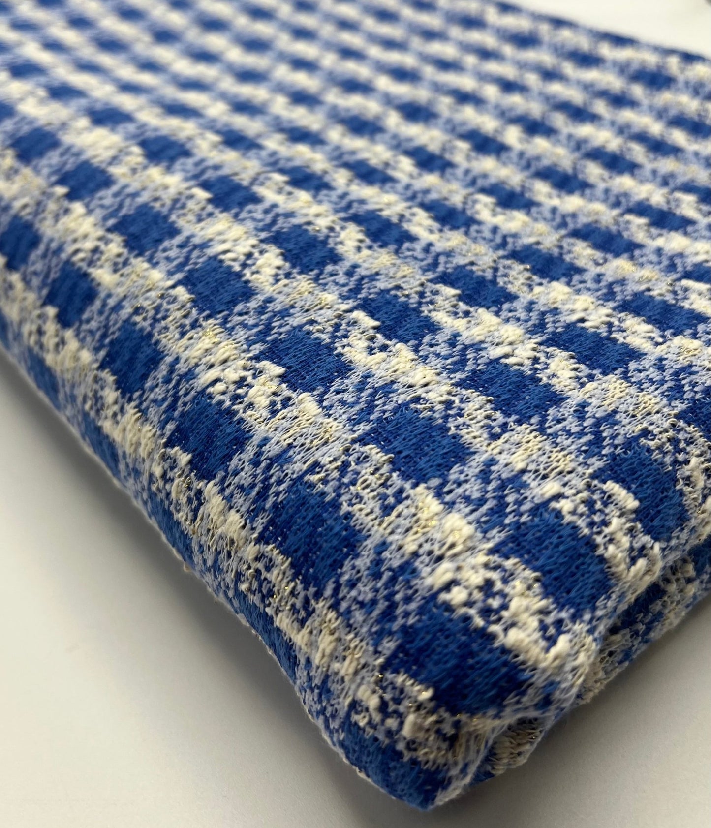 Blue White Gingham Gold Speckles Jacquard Stretch Fabric - T9 Fabrics