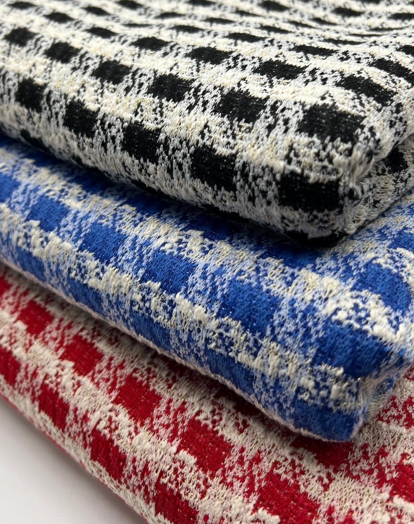 Blue White Gingham Gold Speckles Jacquard Stretch Fabric - T9 Fabrics