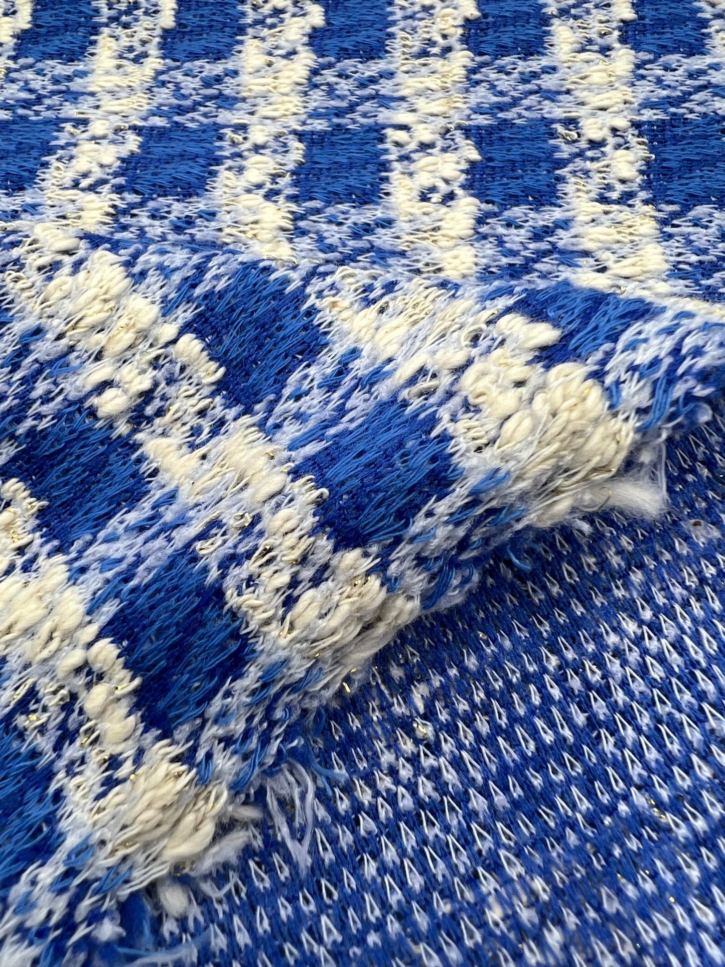 Blue White Gingham Gold Speckles Jacquard Stretch Fabric - T9 Fabrics