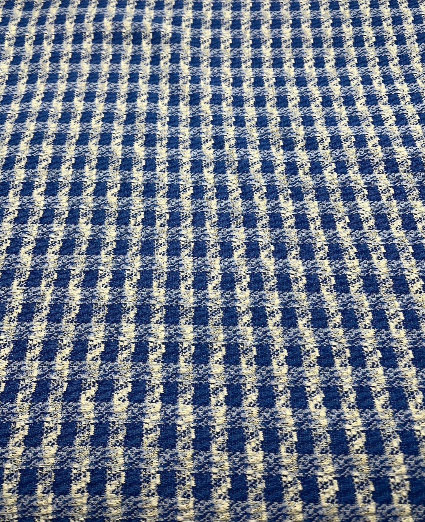 Blue White Gingham Gold Speckles Jacquard Stretch Fabric - T9 Fabrics