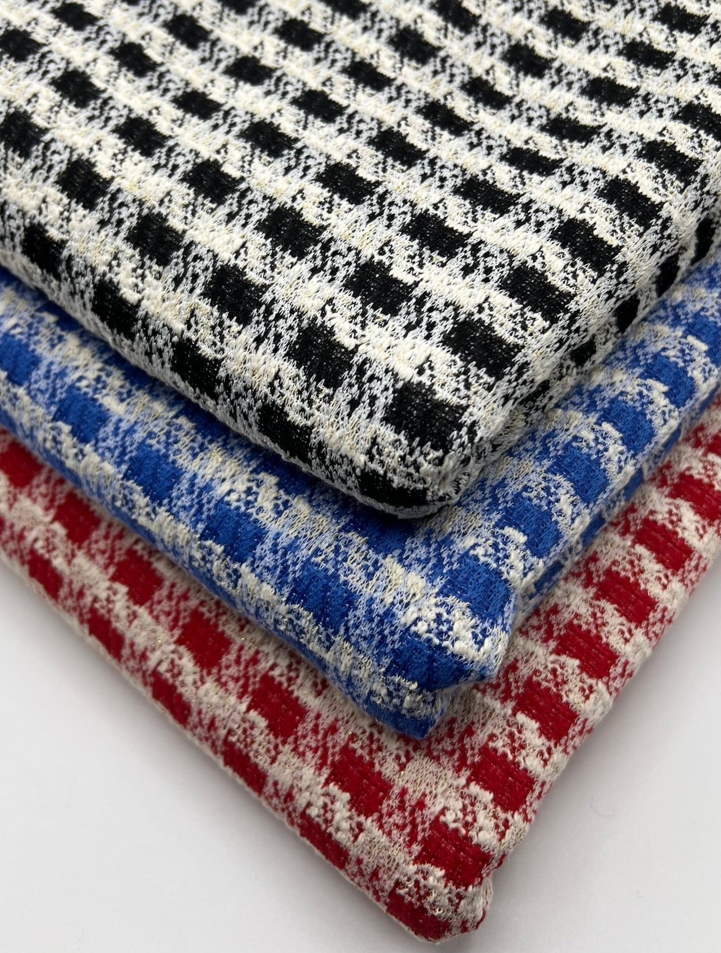 Blue White Gingham Gold Speckles Jacquard Stretch Fabric - T9 Fabrics