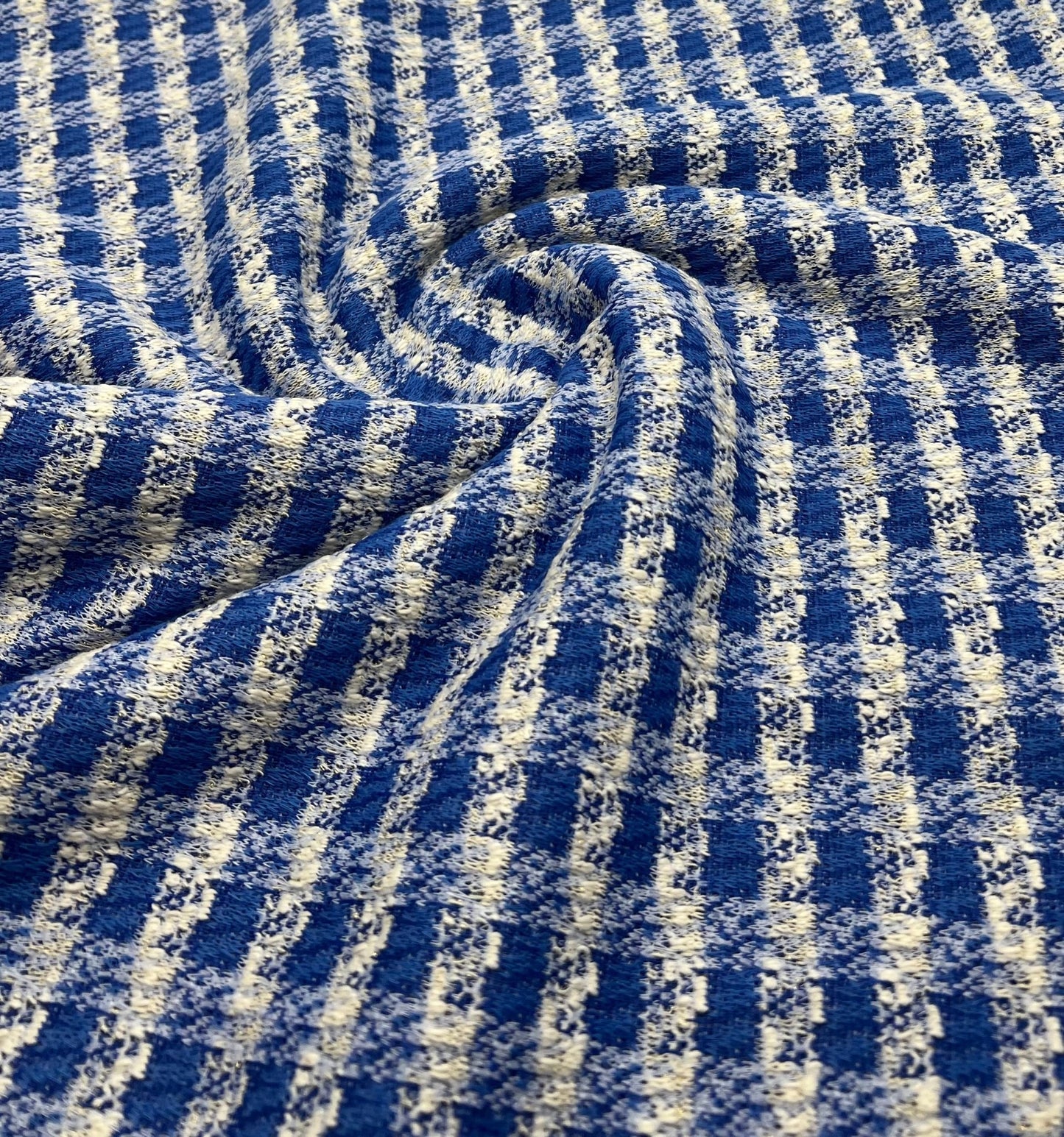 Blue White Gingham Gold Speckles Jacquard Stretch Fabric - T9 Fabrics