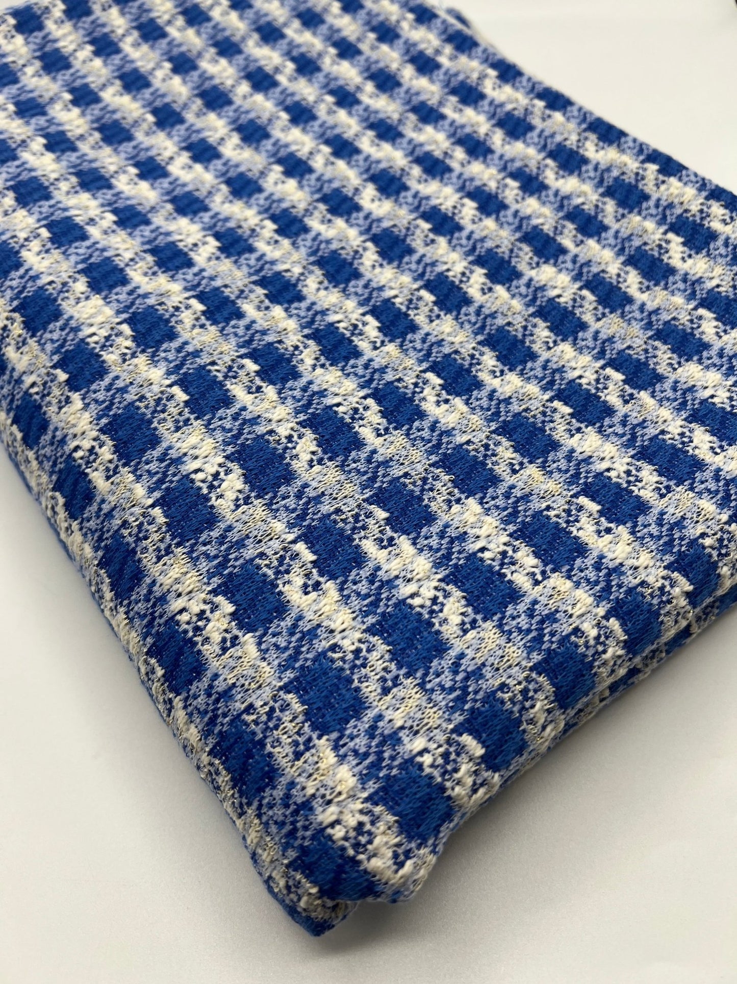 Blue White Gingham Gold Speckles Jacquard Stretch Fabric - T9 Fabrics
