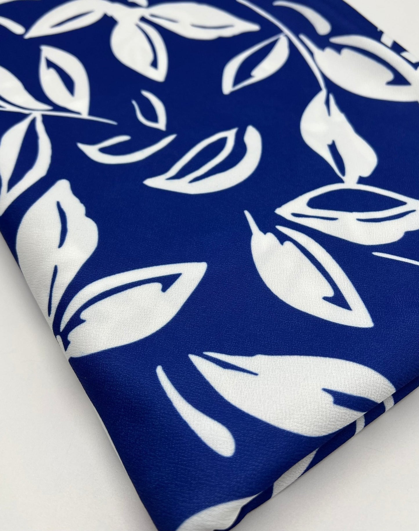 Blue White Leaf Print Lightweight Jersey Crepe Fabric 4 Way Stretch - T9 Fabrics