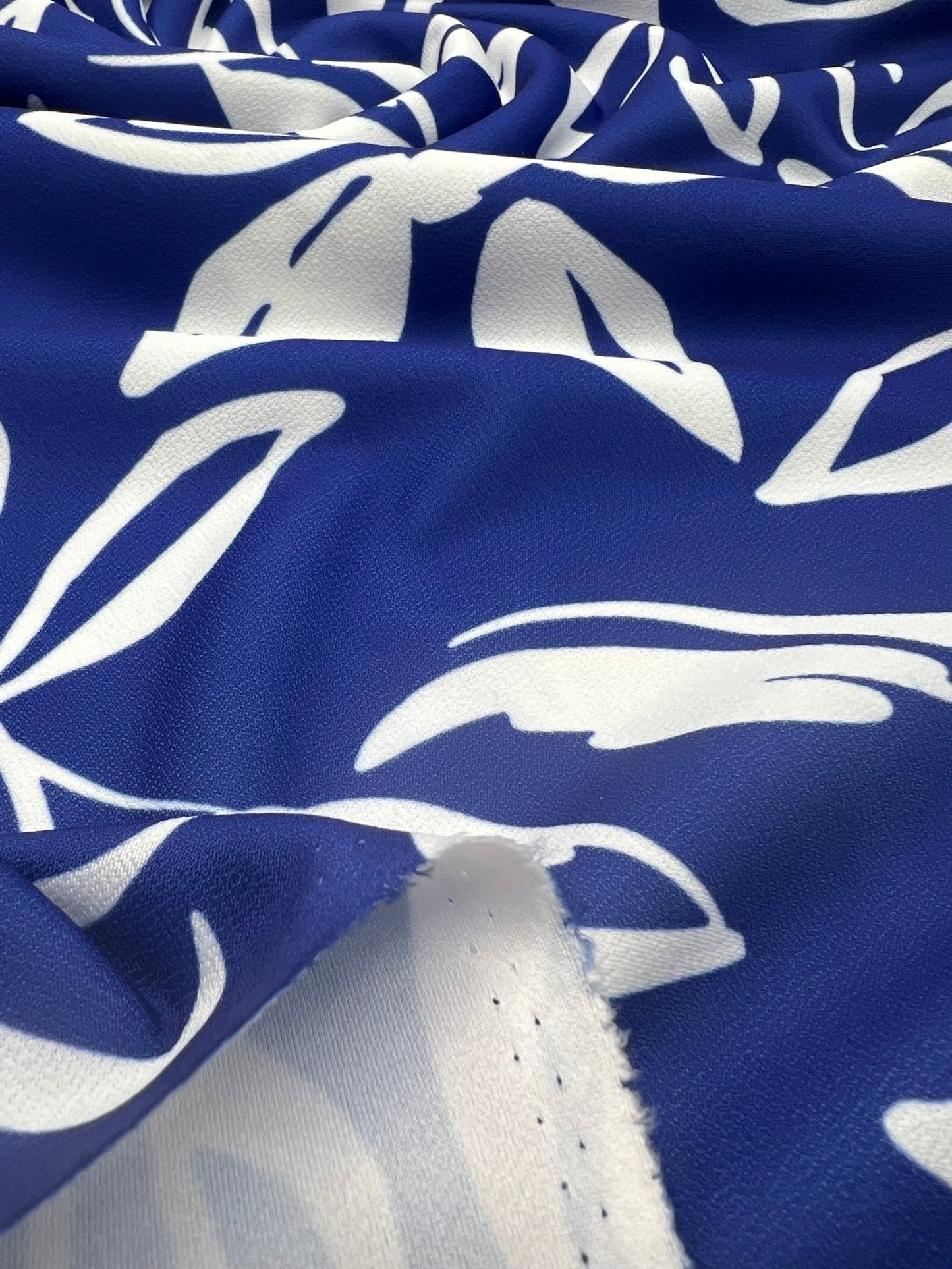 Blue White Leaf Print Lightweight Jersey Crepe Fabric 4 Way Stretch - T9 Fabrics