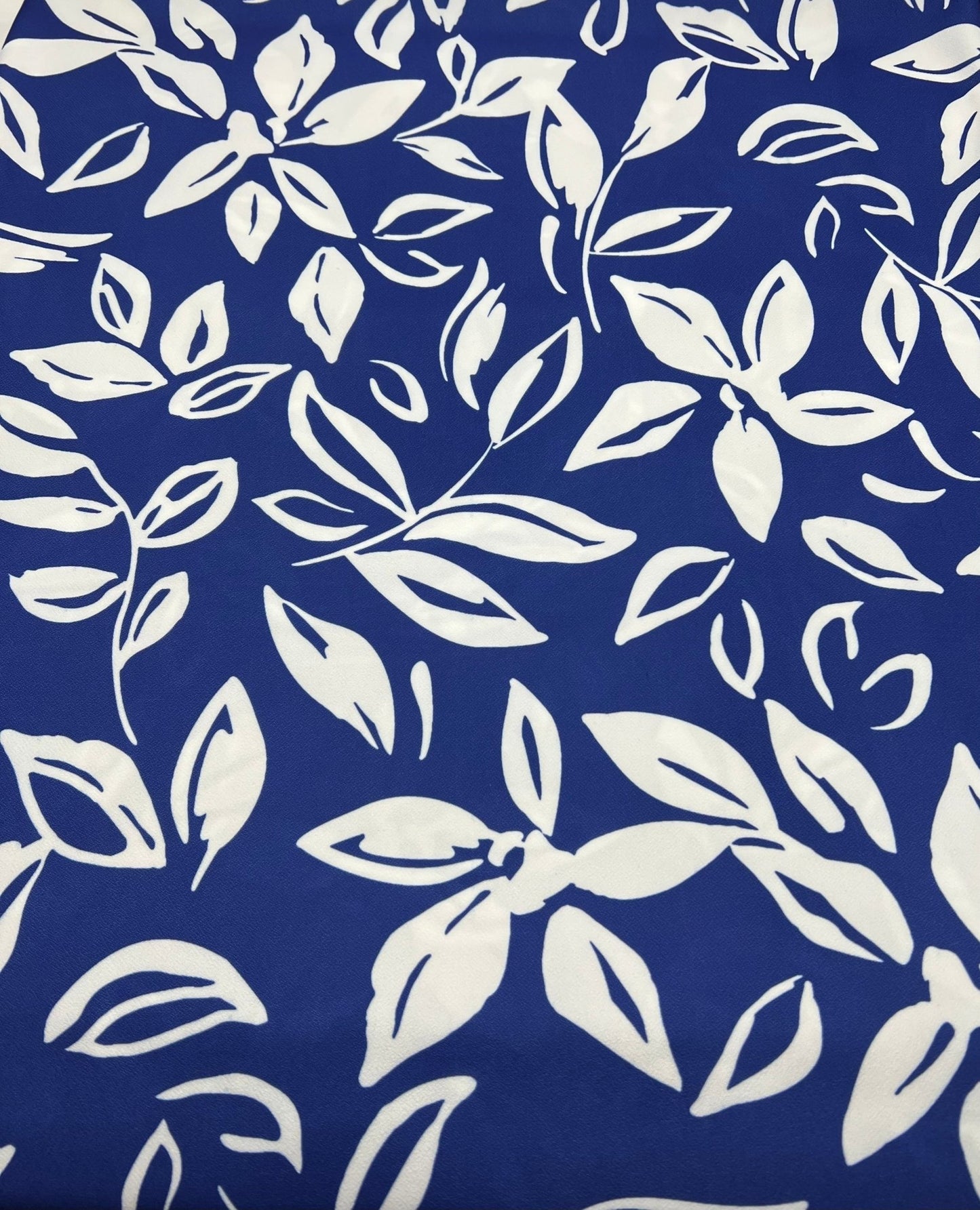 Blue White Leaf Print Lightweight Jersey Crepe Fabric 4 Way Stretch - T9 Fabrics