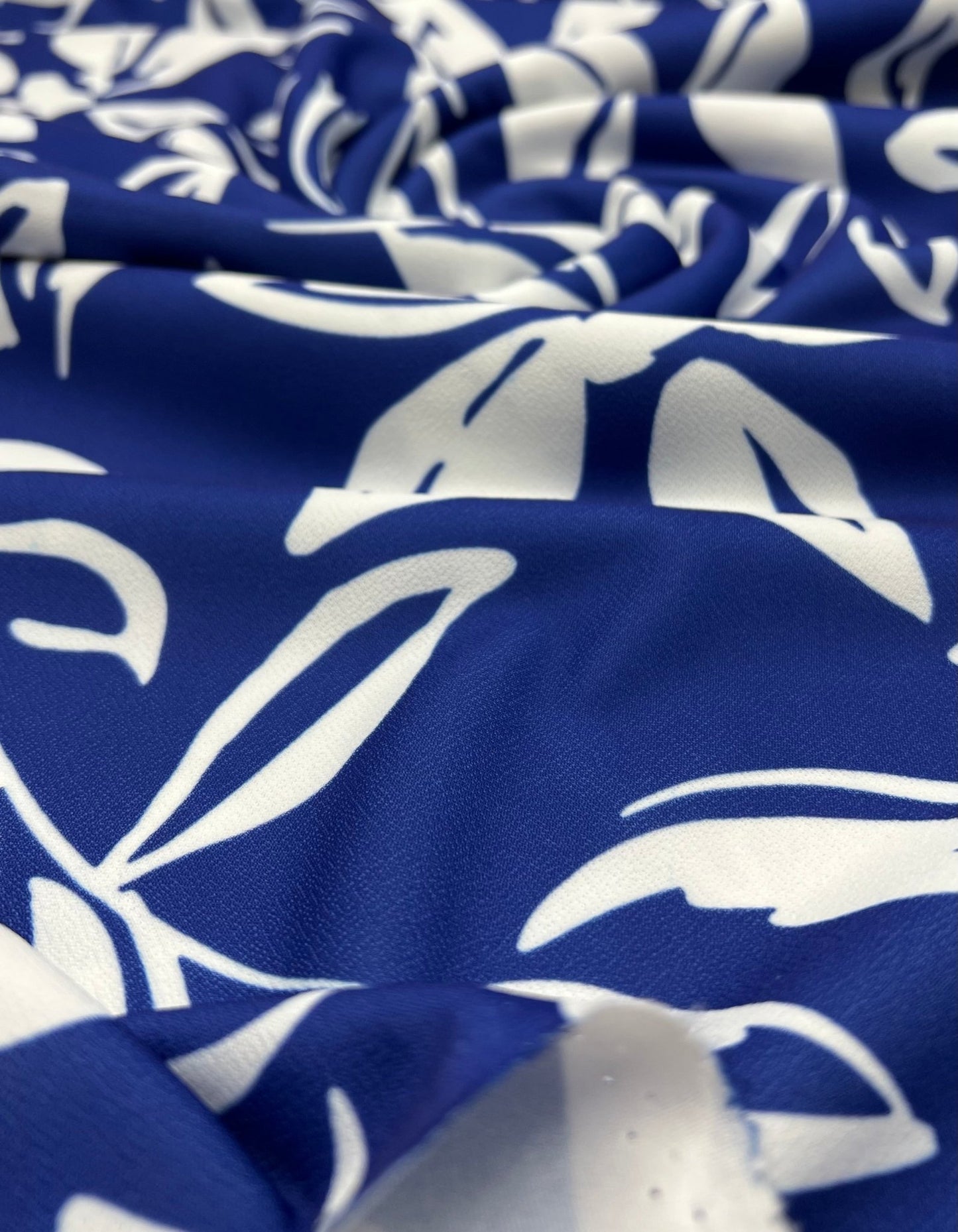 Blue White Leaf Print Lightweight Jersey Crepe Fabric 4 Way Stretch - T9 Fabrics