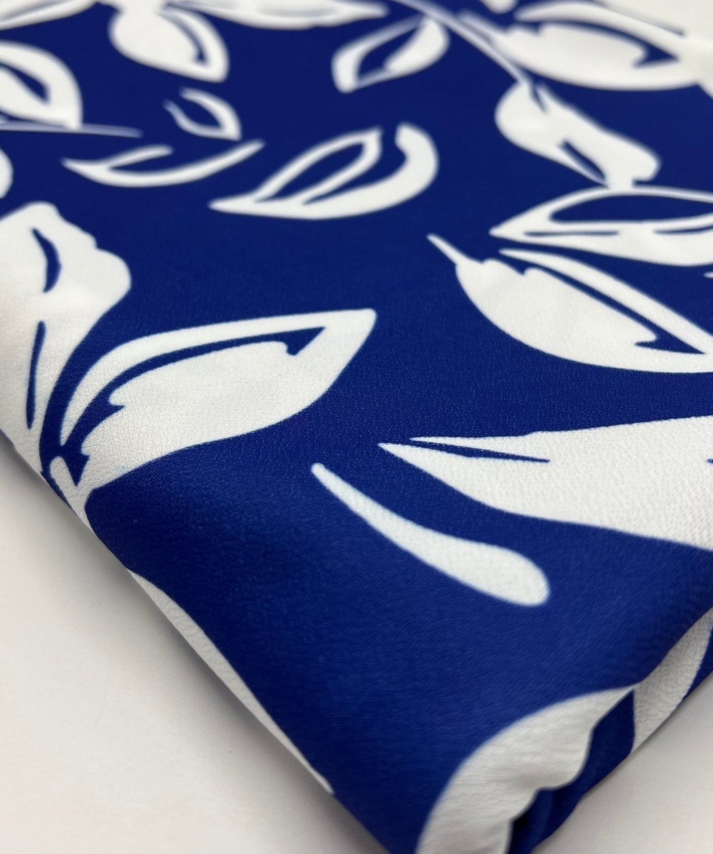 Blue White Leaf Print Lightweight Jersey Crepe Fabric 4 Way Stretch - T9 Fabrics