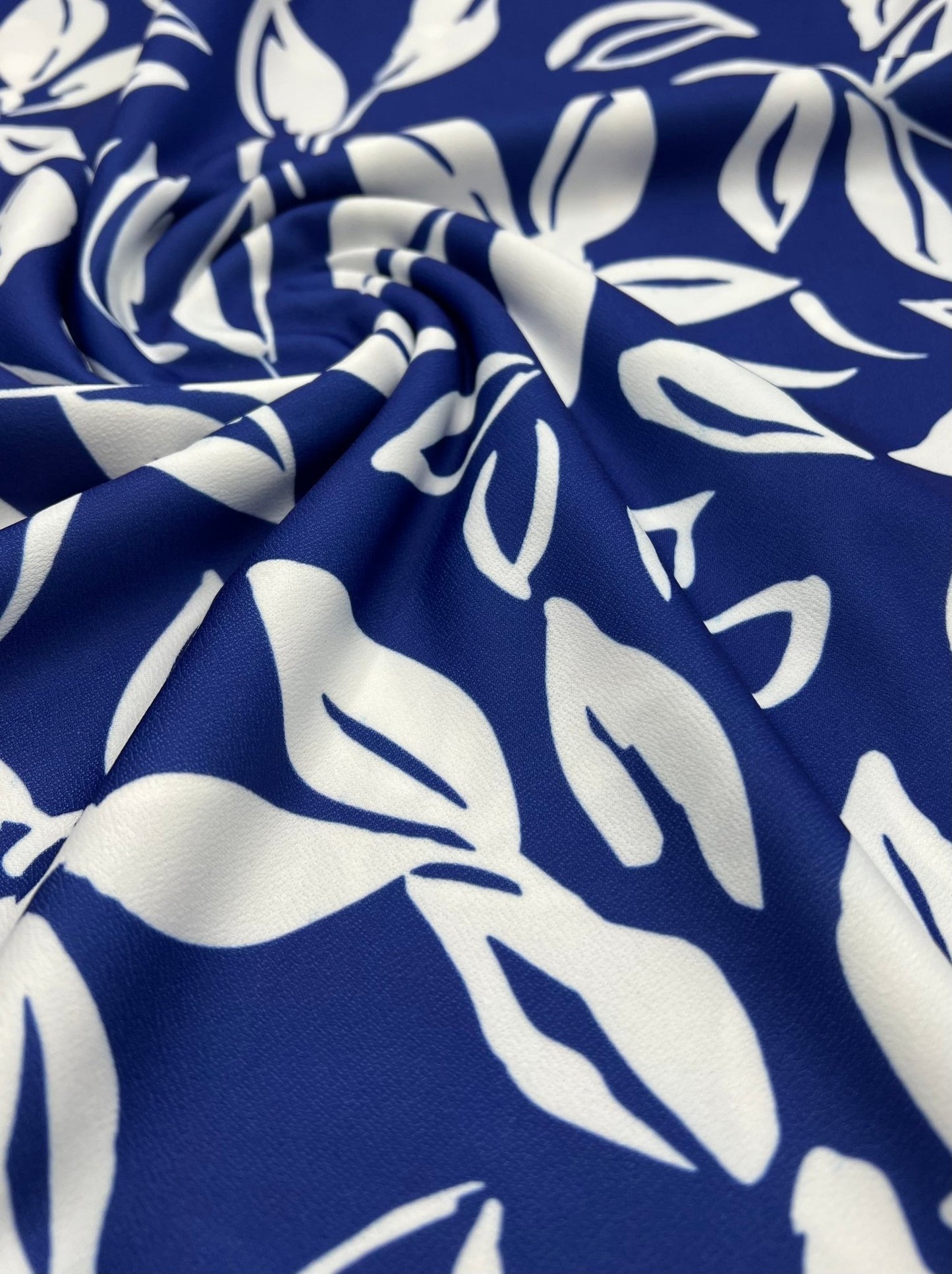 Blue White Leaf Print Lightweight Jersey Crepe Fabric 4 Way Stretch - T9 Fabrics