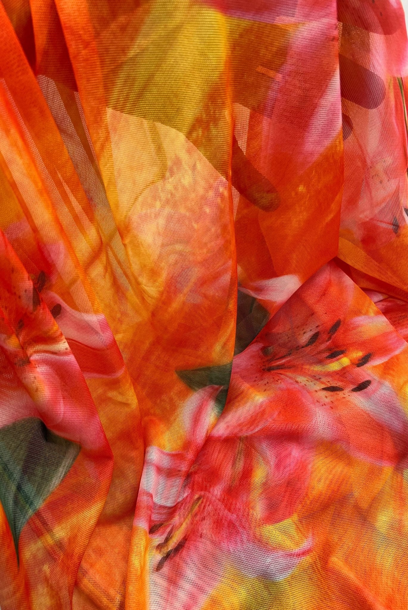 Bright Orange Pink Floral Print Mesh Fabric Stretch - T9 Fabrics