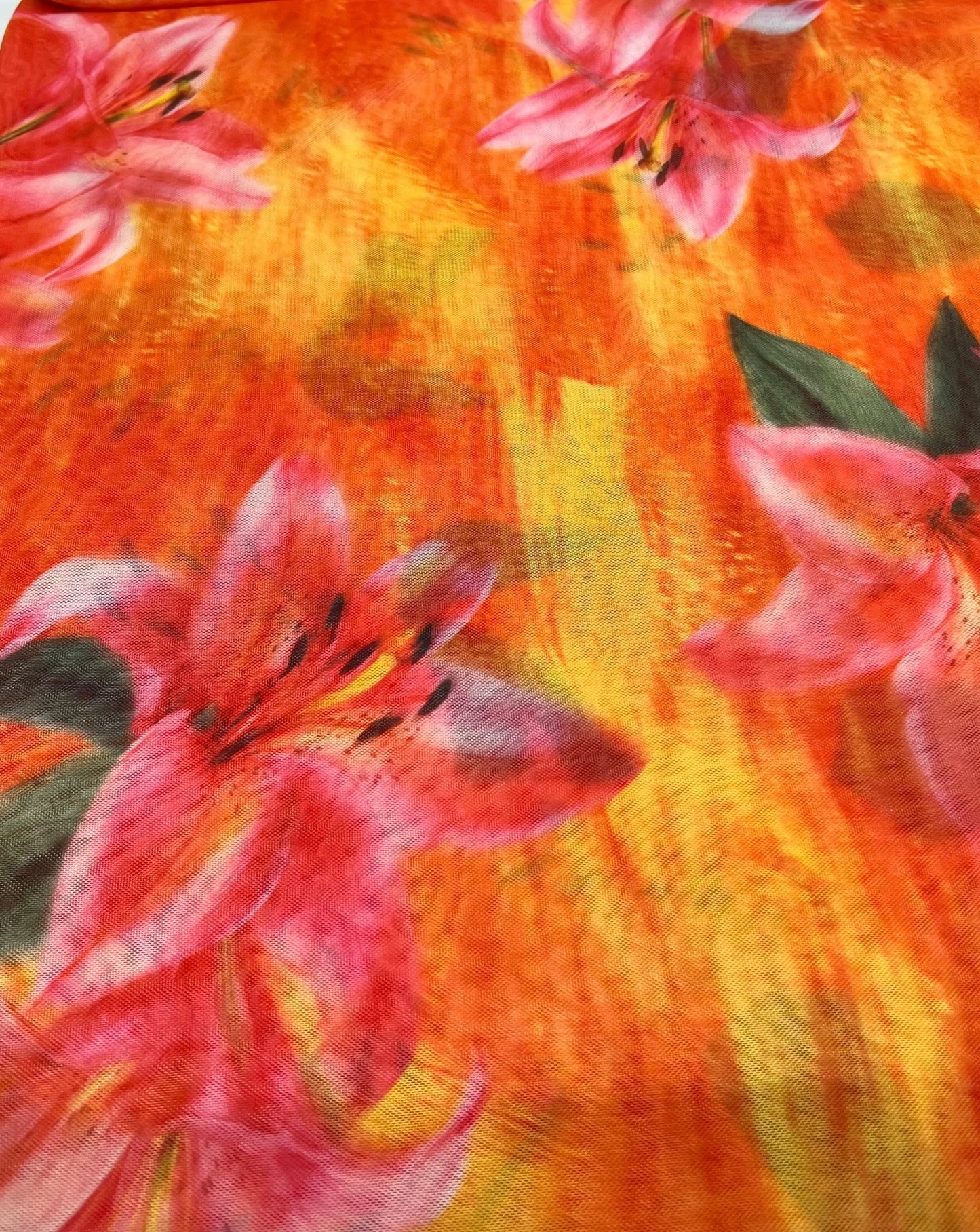 Bright Orange Pink Floral Print Mesh Fabric Stretch - T9 Fabrics