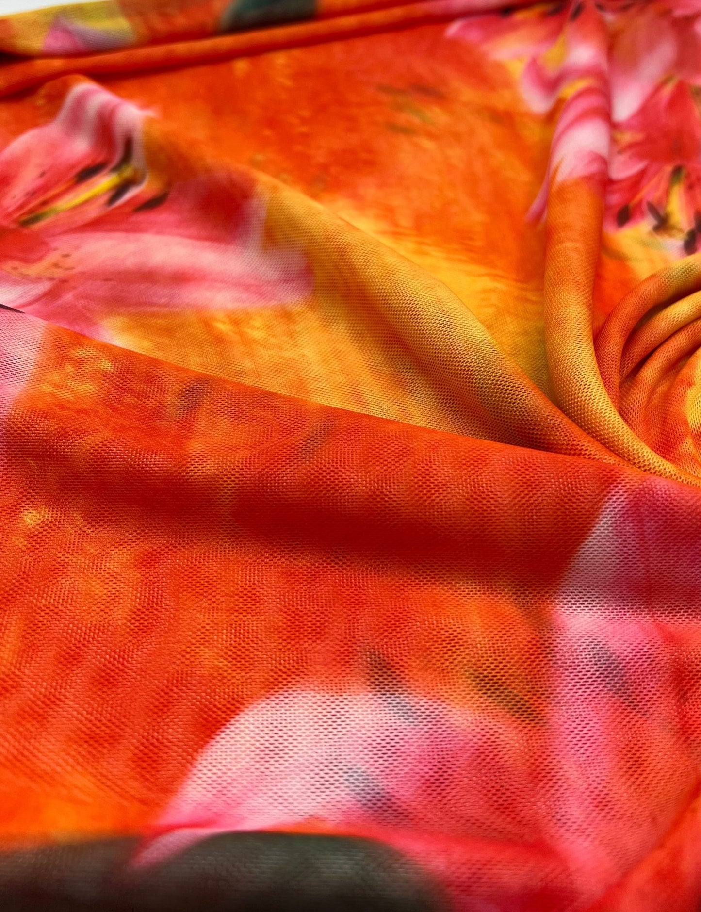 Bright Orange Pink Floral Print Mesh Fabric Stretch - T9 Fabrics