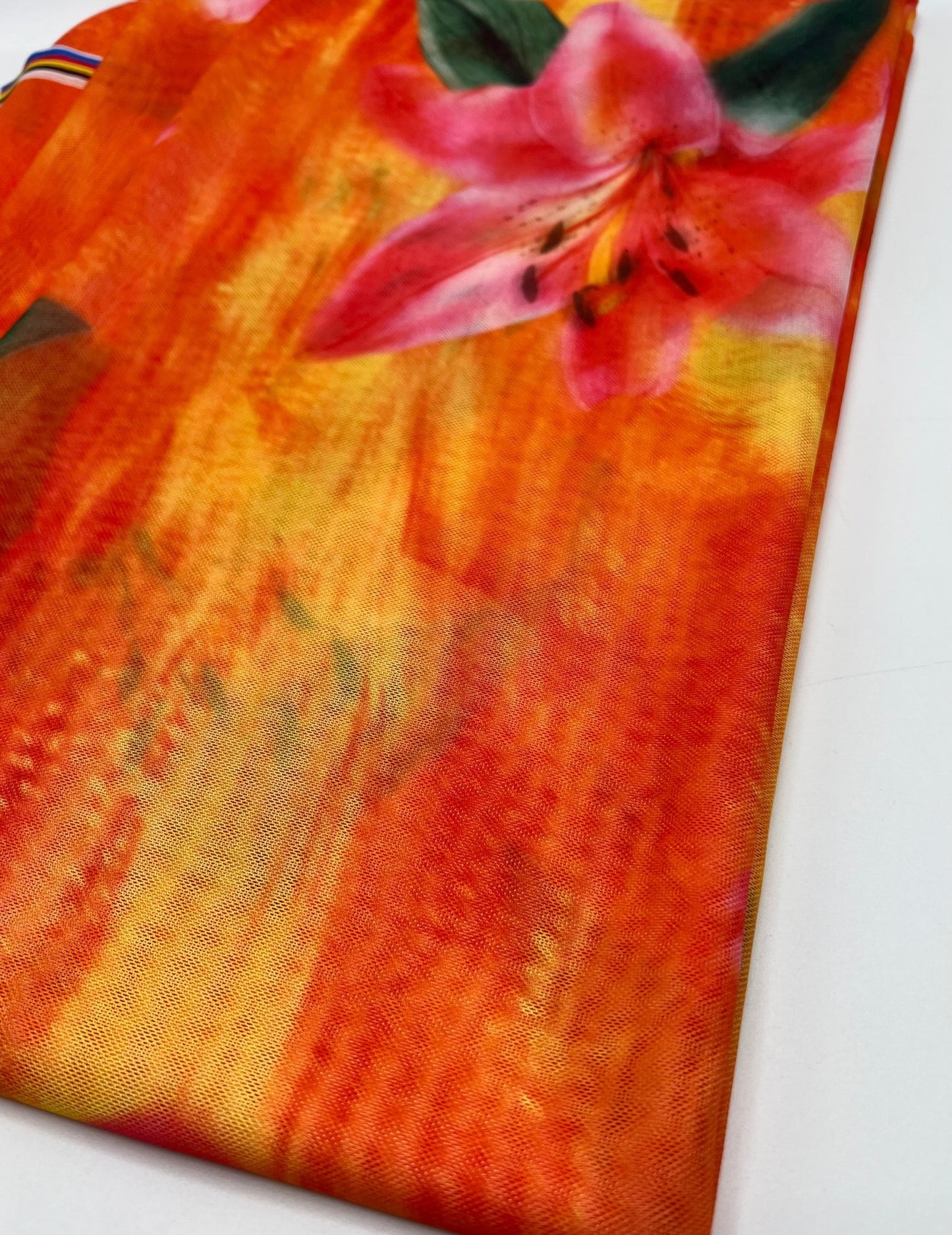 Bright Orange Pink Floral Print Mesh Fabric Stretch - T9 Fabrics