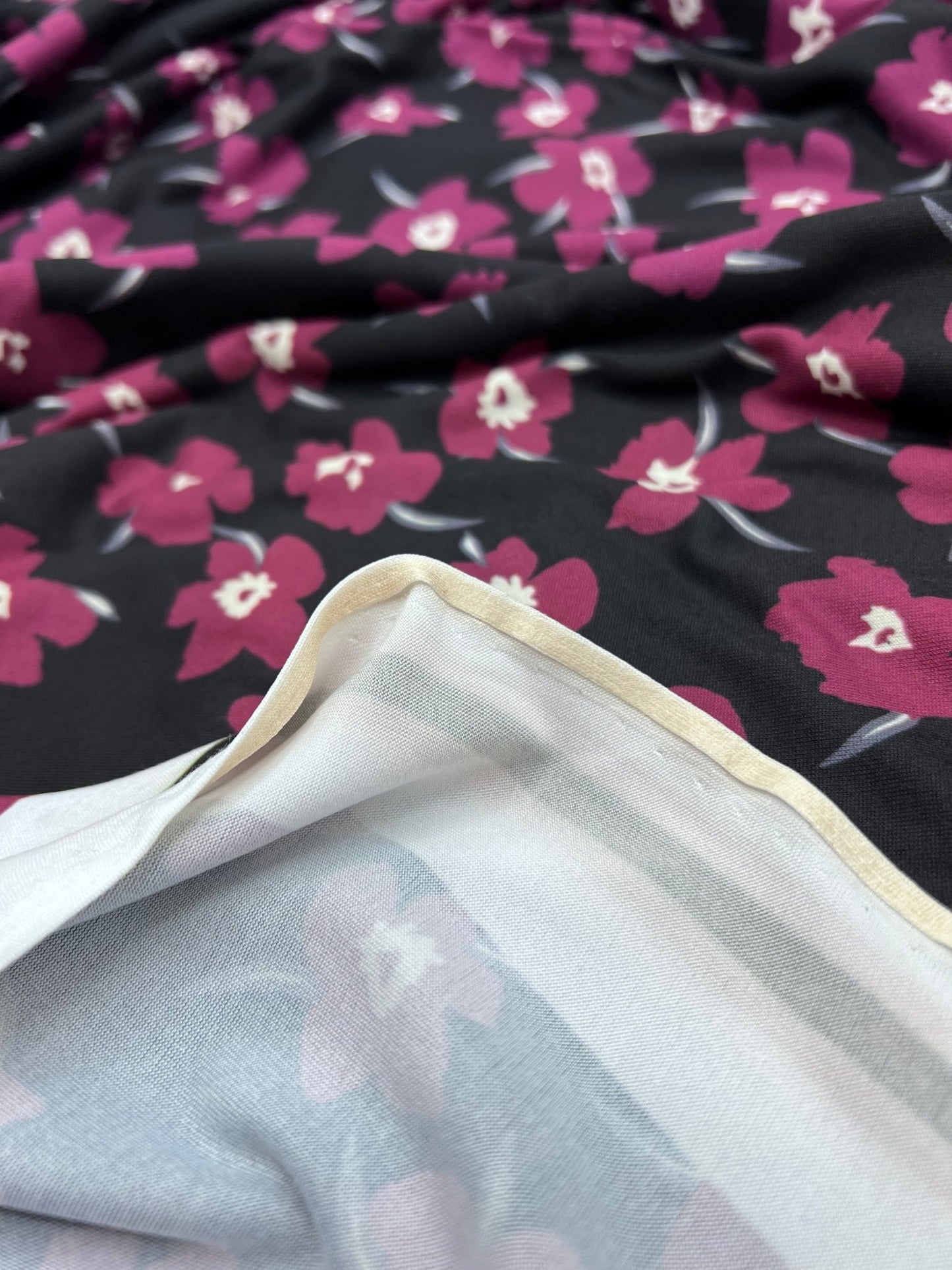 Burgundy Black Floral Print Super Soft Spun Poly Stretch Fabric - T9 Fabrics