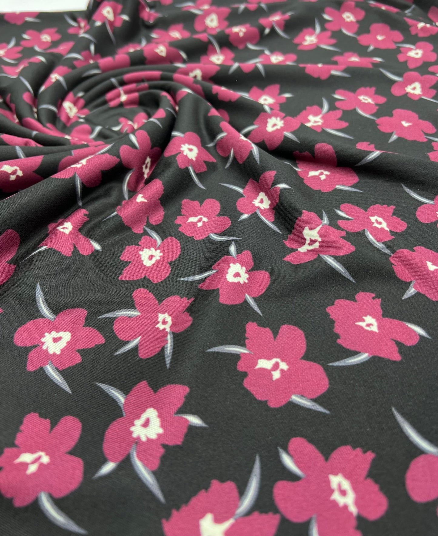 Burgundy Black Floral Print Super Soft Spun Poly Stretch Fabric - T9 Fabrics