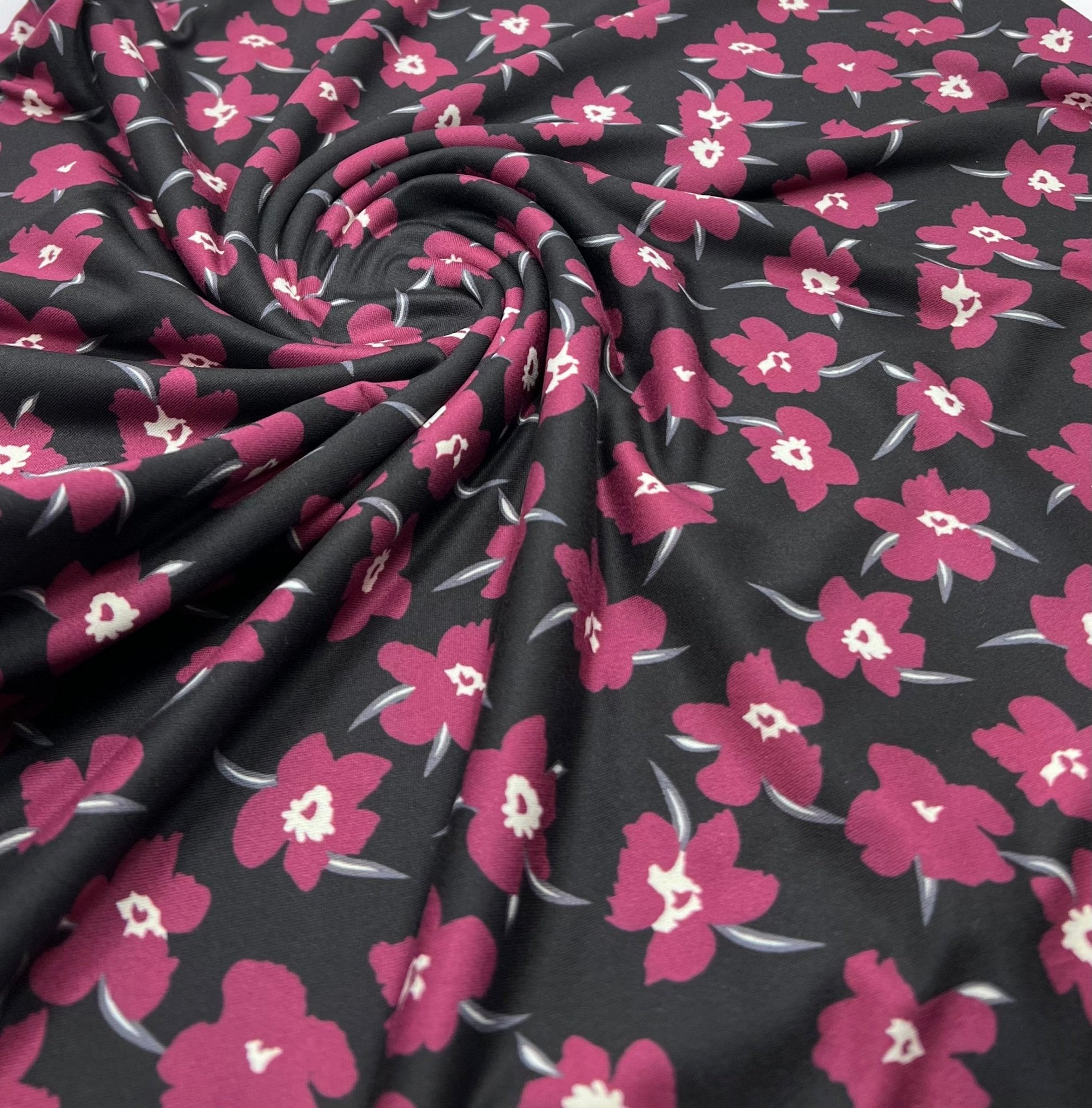 Burgundy Black Floral Print Super Soft Spun Poly Stretch Fabric - T9 Fabrics