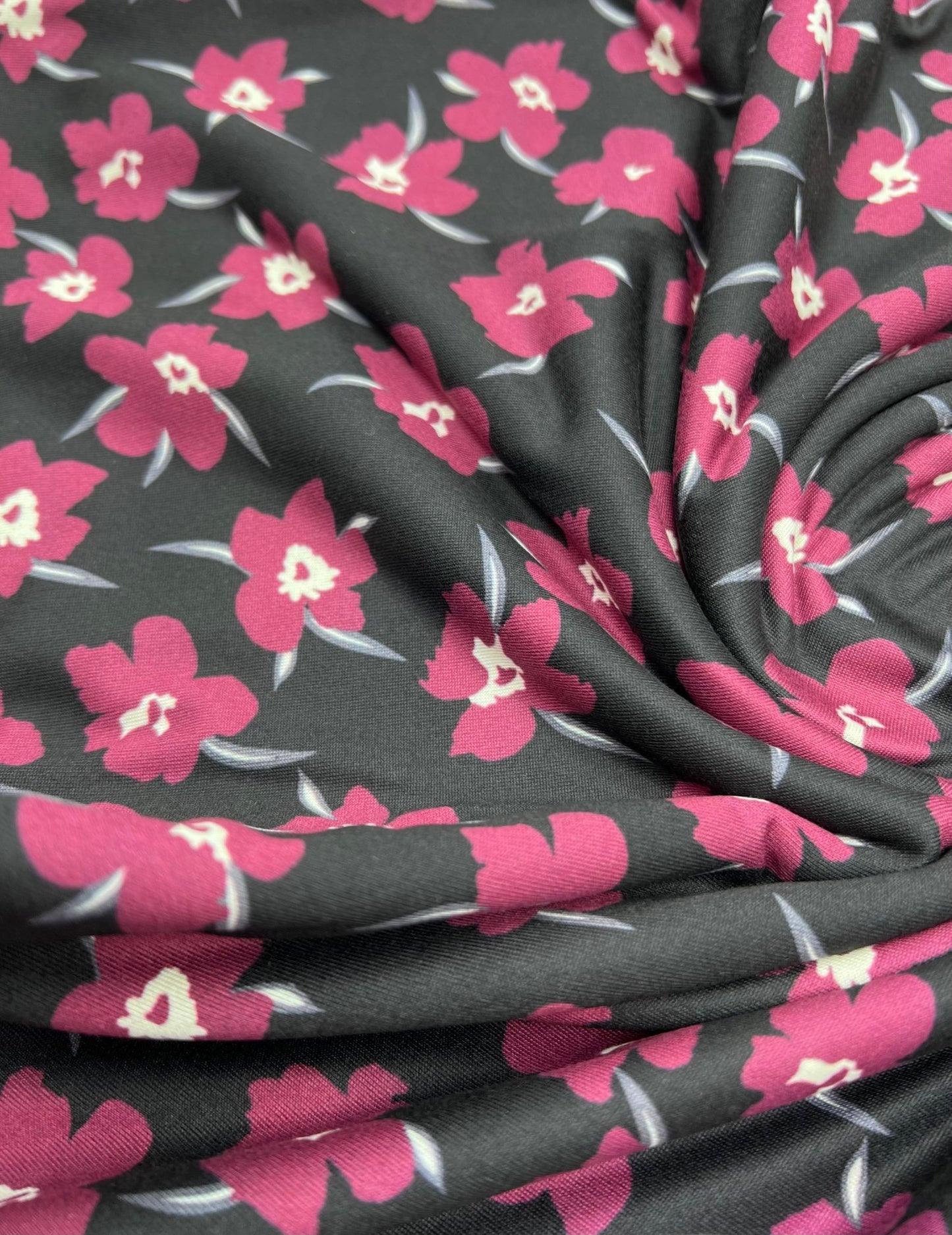 Burgundy Black Floral Print Super Soft Spun Poly Stretch Fabric - T9 Fabrics