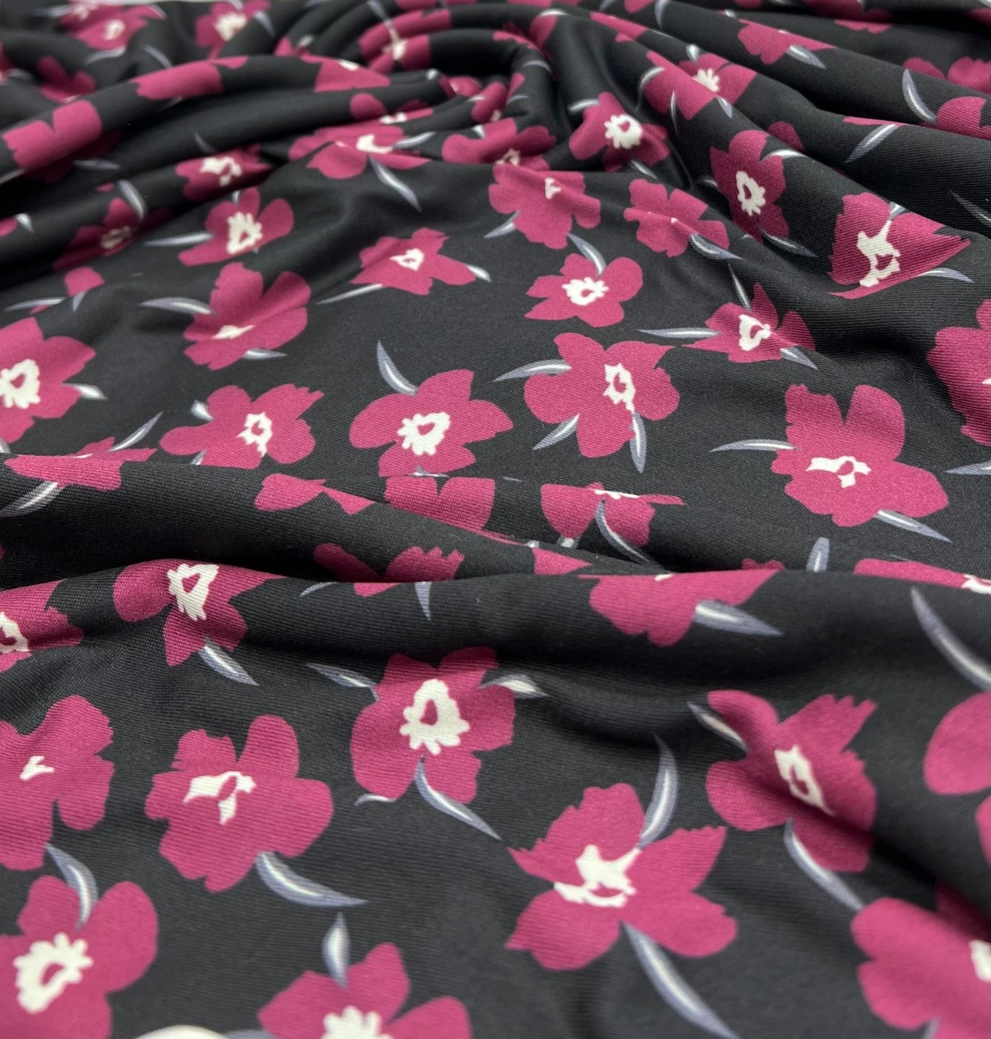 Burgundy Black Floral Print Super Soft Spun Poly Stretch Fabric - T9 Fabrics