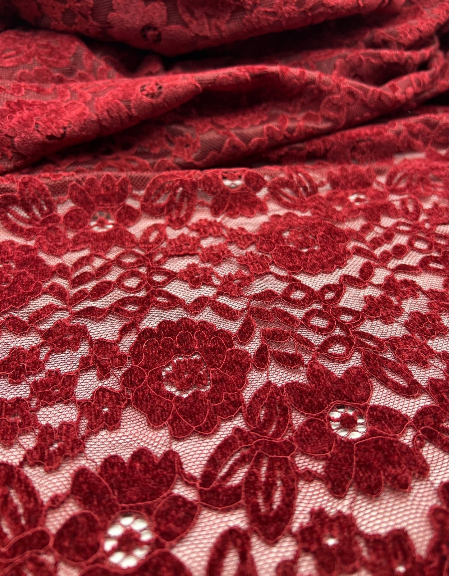 Burgundy Embossed Textured Scalloped Edge Floral Lace Fabric Stretch - T9 Fabrics