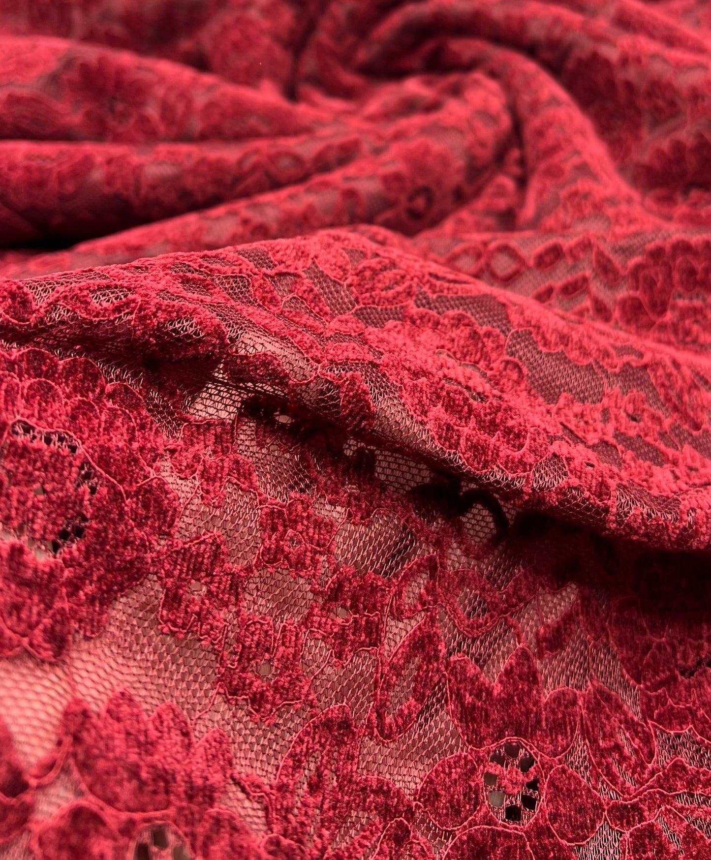 Burgundy Embossed Textured Scalloped Edge Floral Lace Fabric Stretch - T9 Fabrics