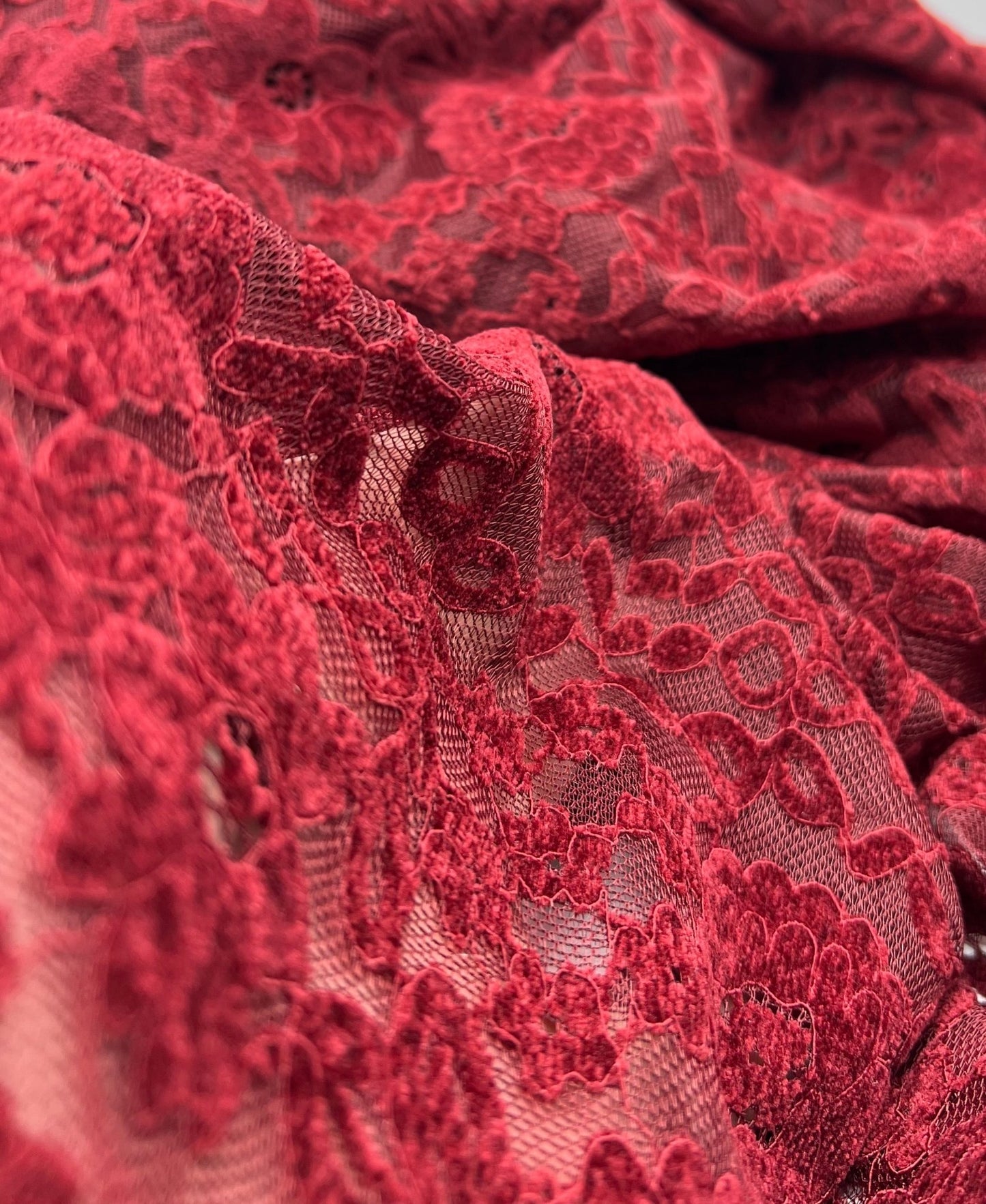 Burgundy Embossed Textured Scalloped Edge Floral Lace Fabric Stretch - T9 Fabrics