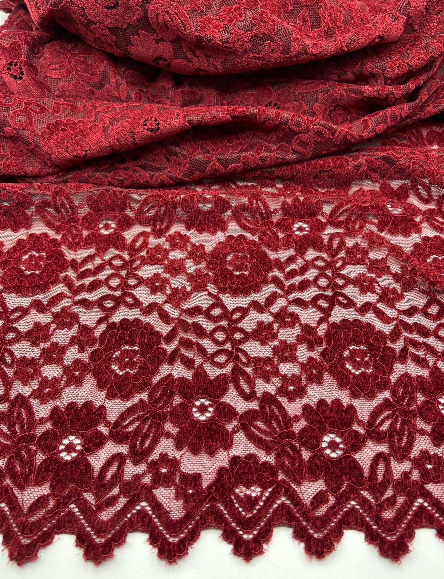 Burgundy Embossed Textured Scalloped Edge Floral Lace Fabric Stretch - T9 Fabrics