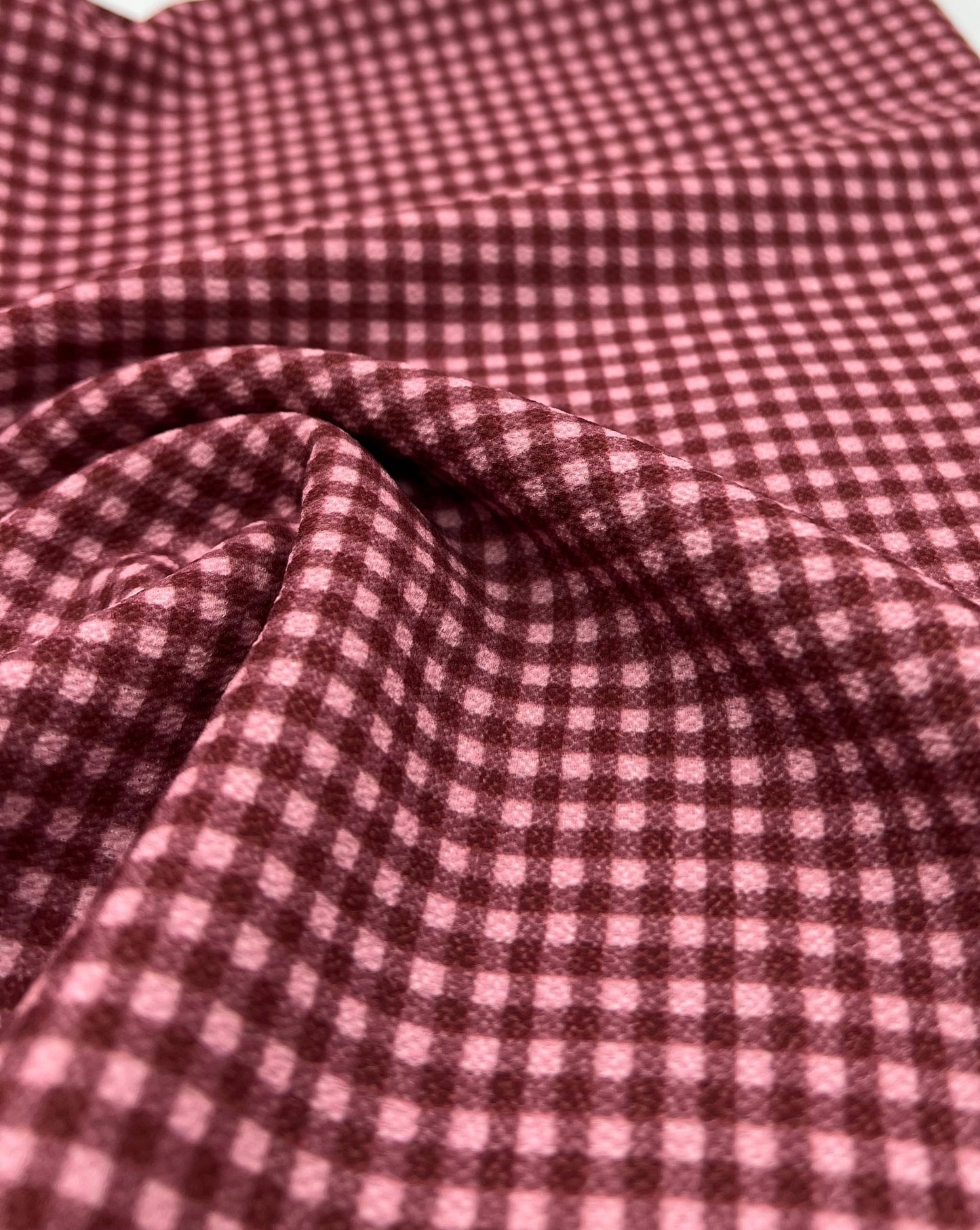 Burgundy Gingham Check Print Lightweight Bubble Crepe Fabric - T9 Fabrics