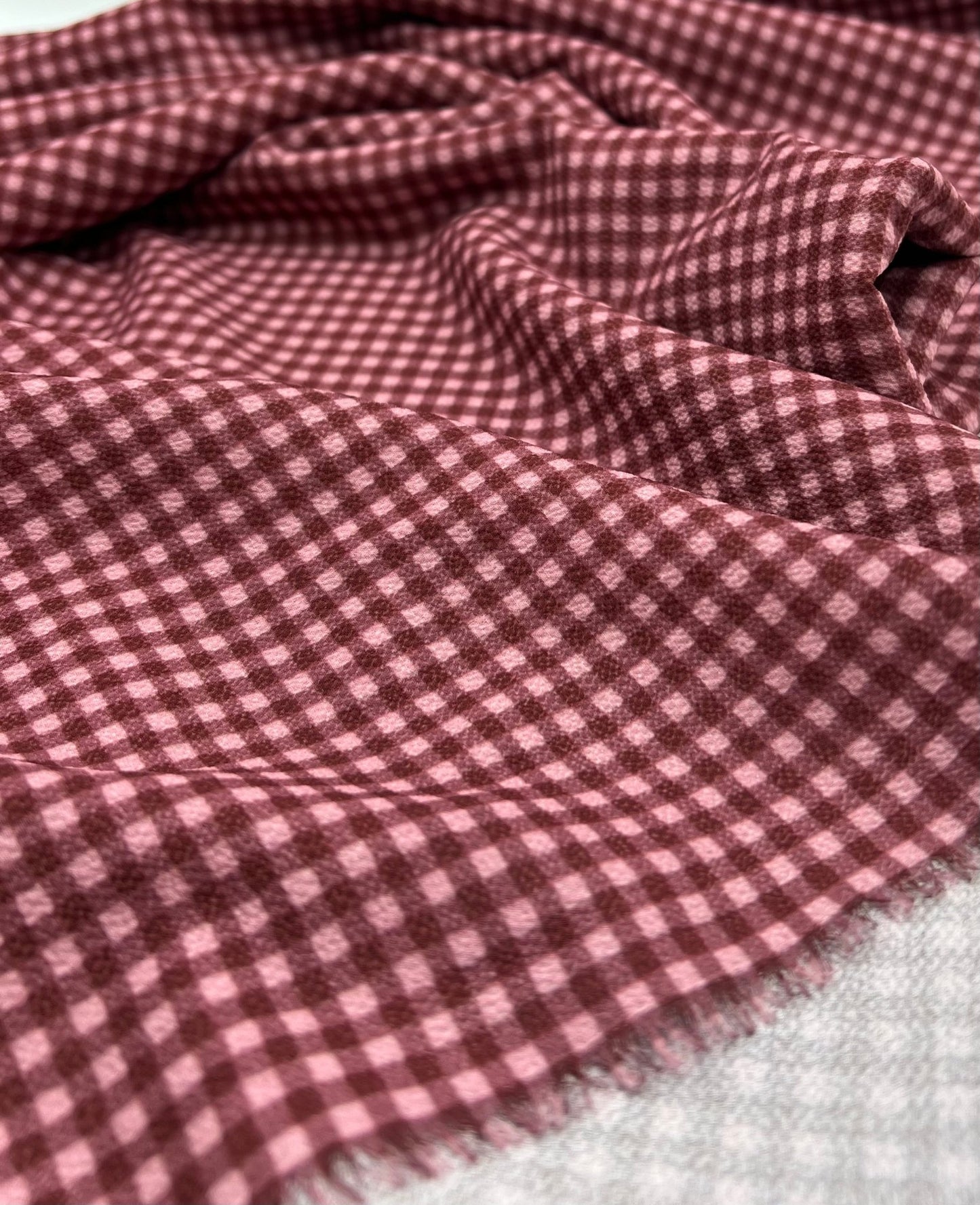 Burgundy Gingham Check Print Lightweight Bubble Crepe Fabric - T9 Fabrics