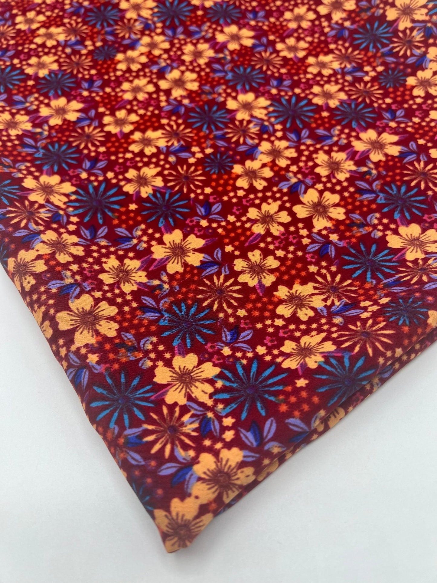 Burgundy Red Blue Floral Lightweight Non Stretch Woven Fabric - T9 Fabrics
