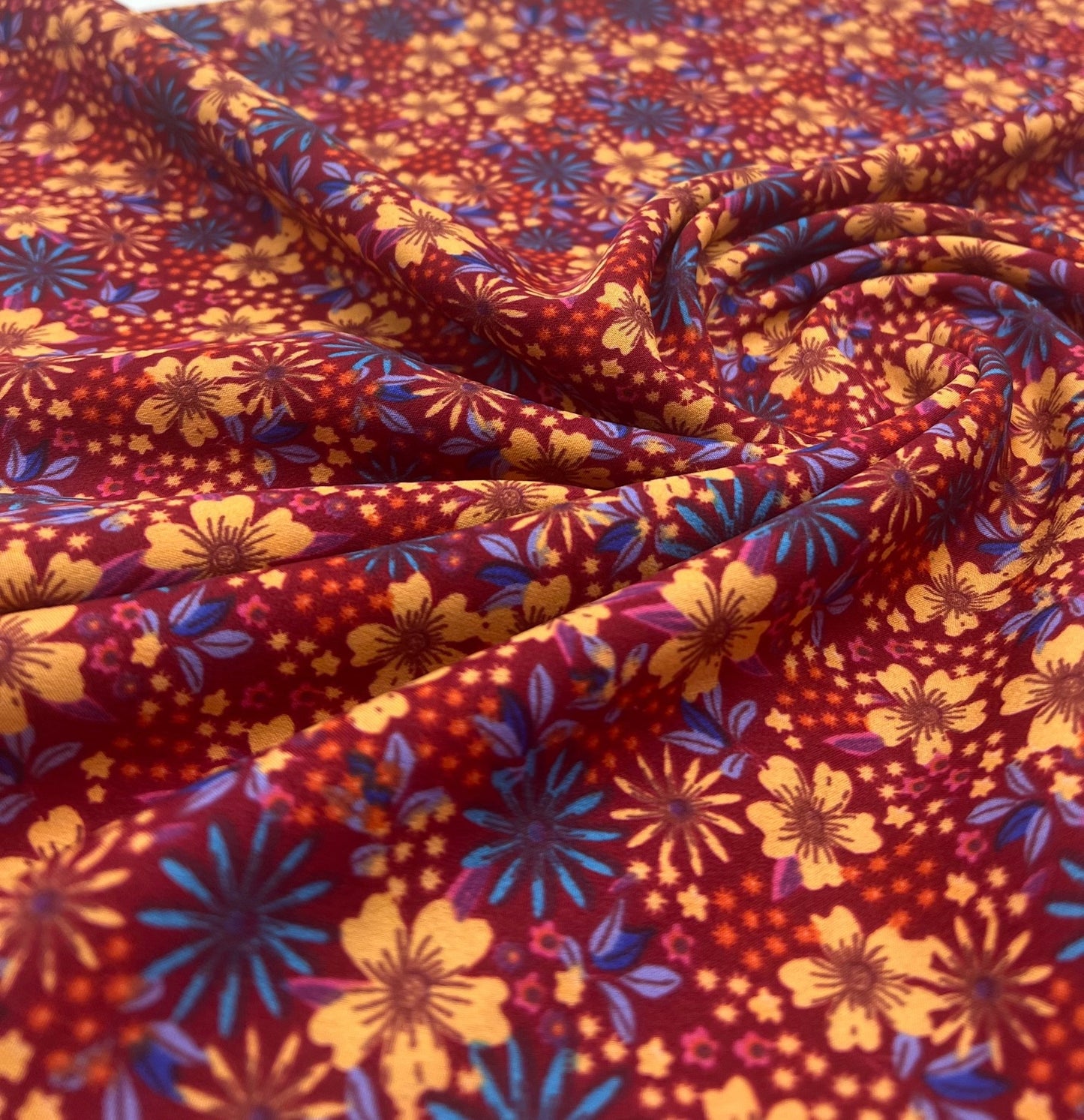 Burgundy Red Blue Floral Lightweight Non Stretch Woven Fabric - T9 Fabrics