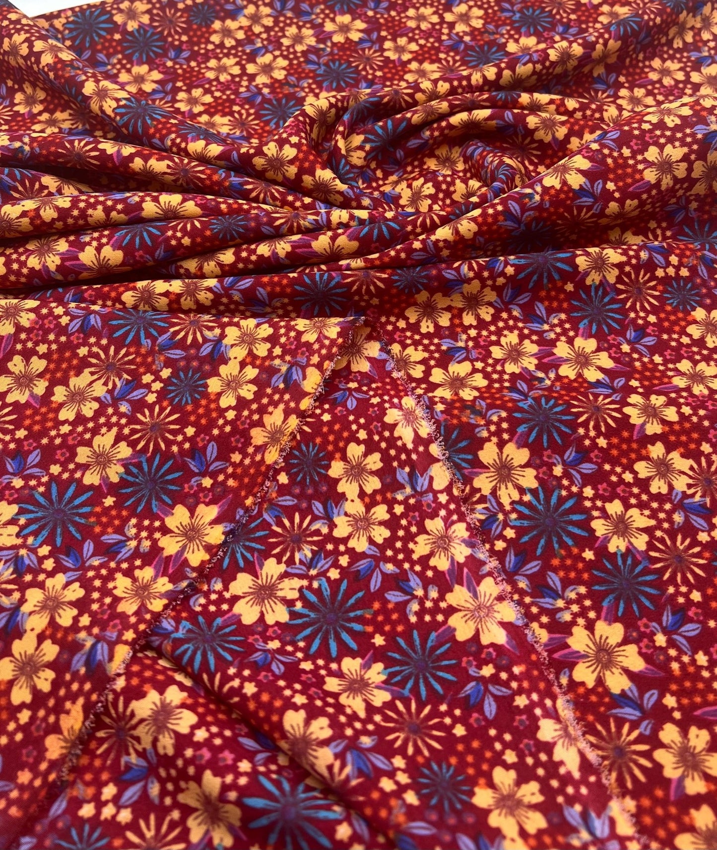 Burgundy Red Blue Floral Lightweight Non Stretch Woven Fabric - T9 Fabrics