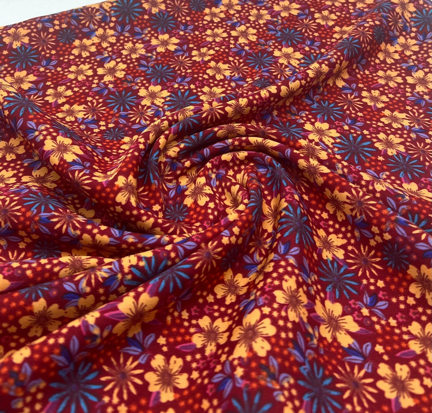 Burgundy Red Blue Floral Lightweight Non Stretch Woven Fabric - T9 Fabrics