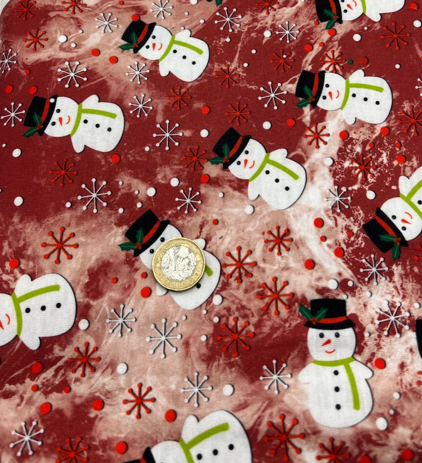 Burgundy Red Snowman Print Soft Spun Poly Stretch Fabric - T9 Fabrics