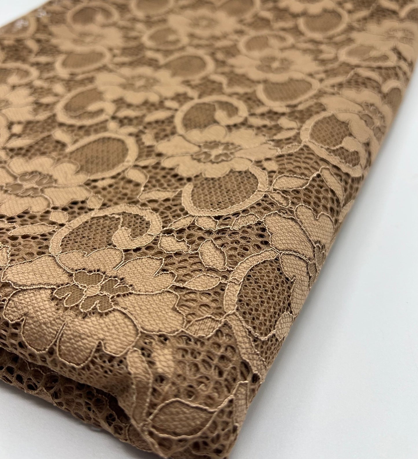 Camel Scalloped Edge Floral Lace Fabric Stretch - T9 Fabrics