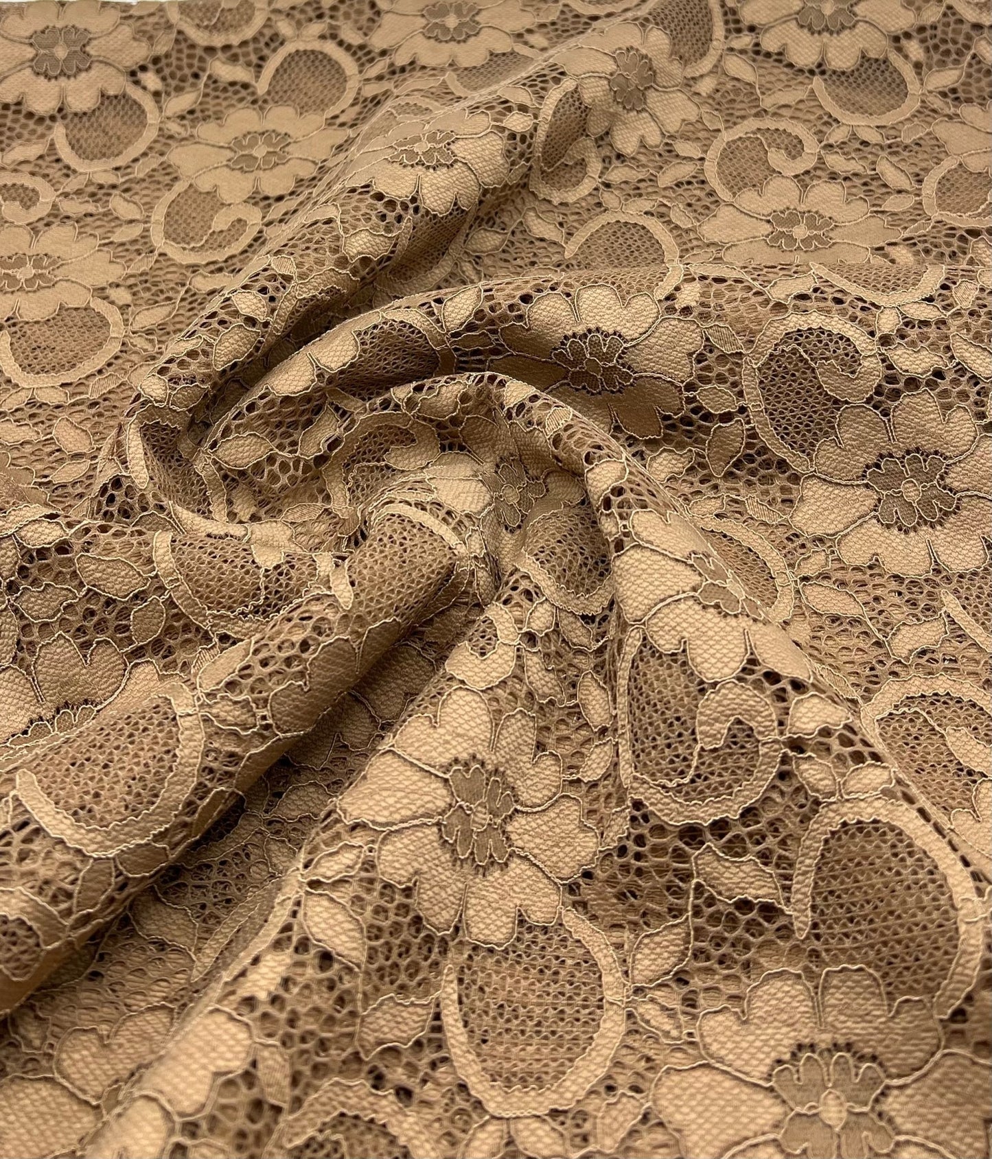 Camel Scalloped Edge Floral Lace Fabric Stretch - T9 Fabrics