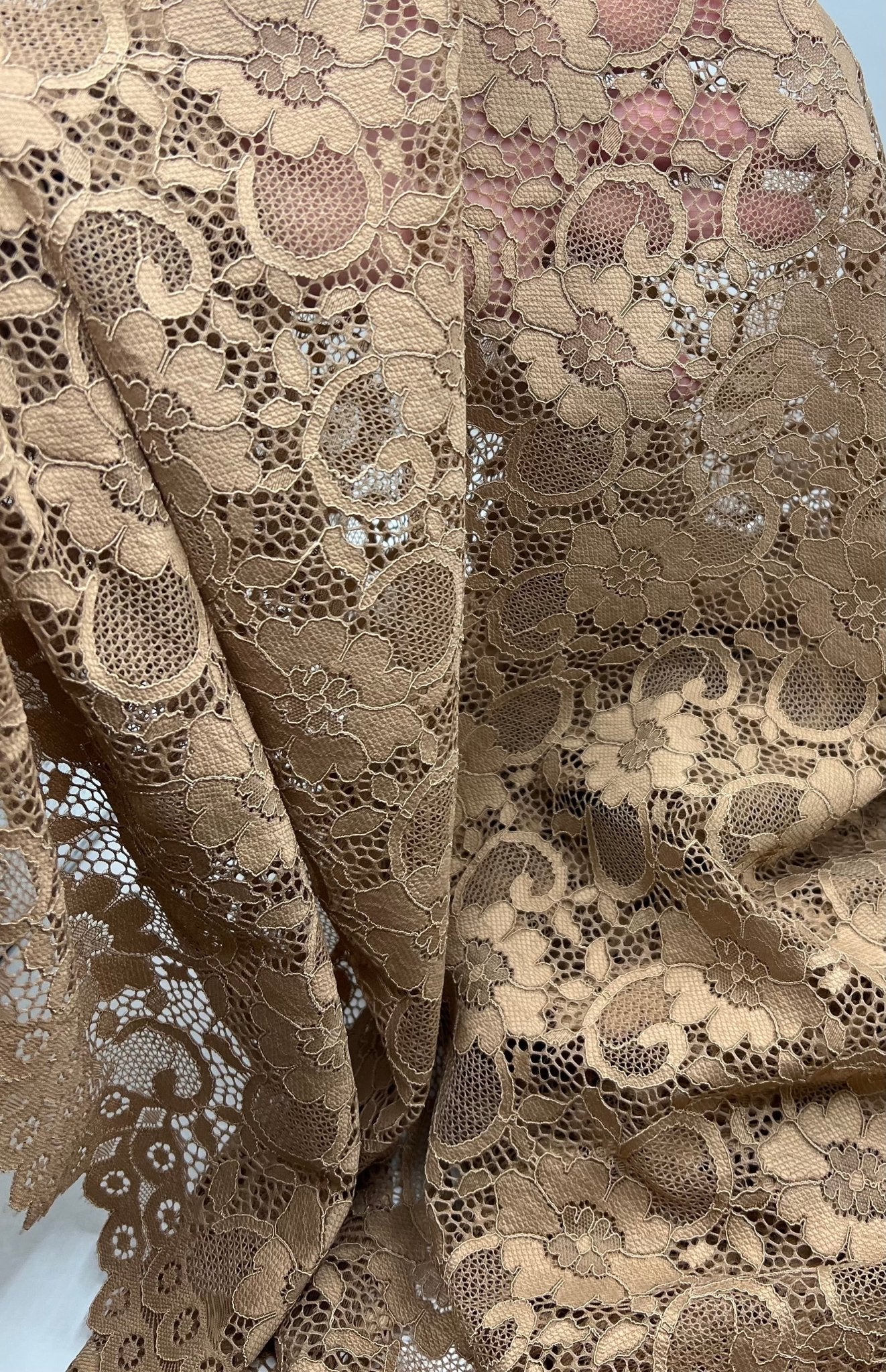 Camel Scalloped Edge Floral Lace Fabric Stretch - T9 Fabrics