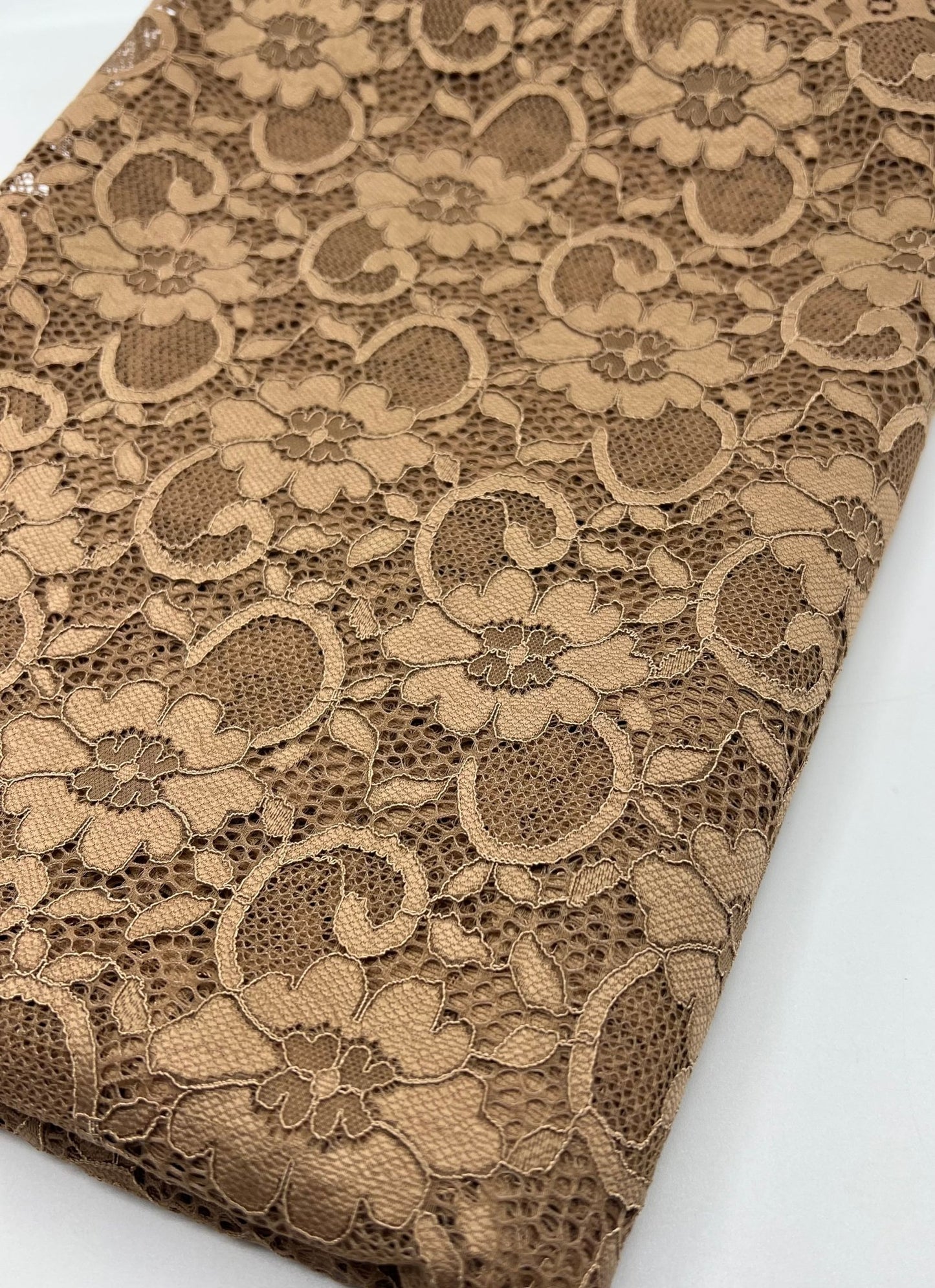 Camel Scalloped Edge Floral Lace Fabric Stretch - T9 Fabrics